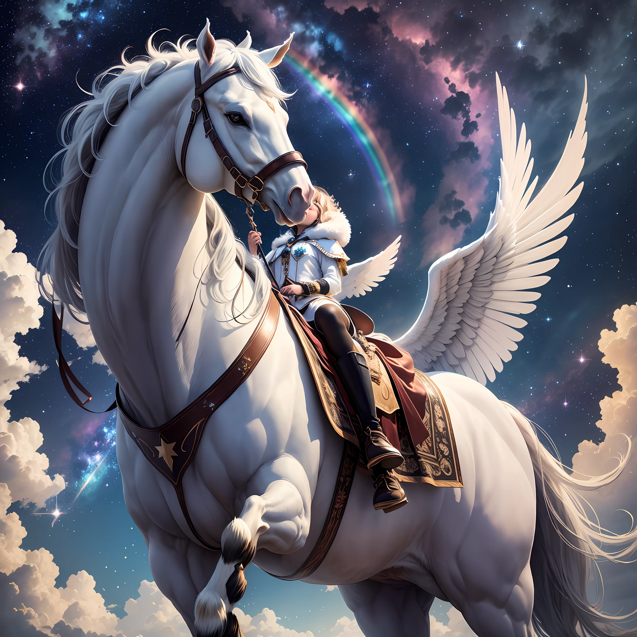 Starry sky, big white wings, horses, rainbows,