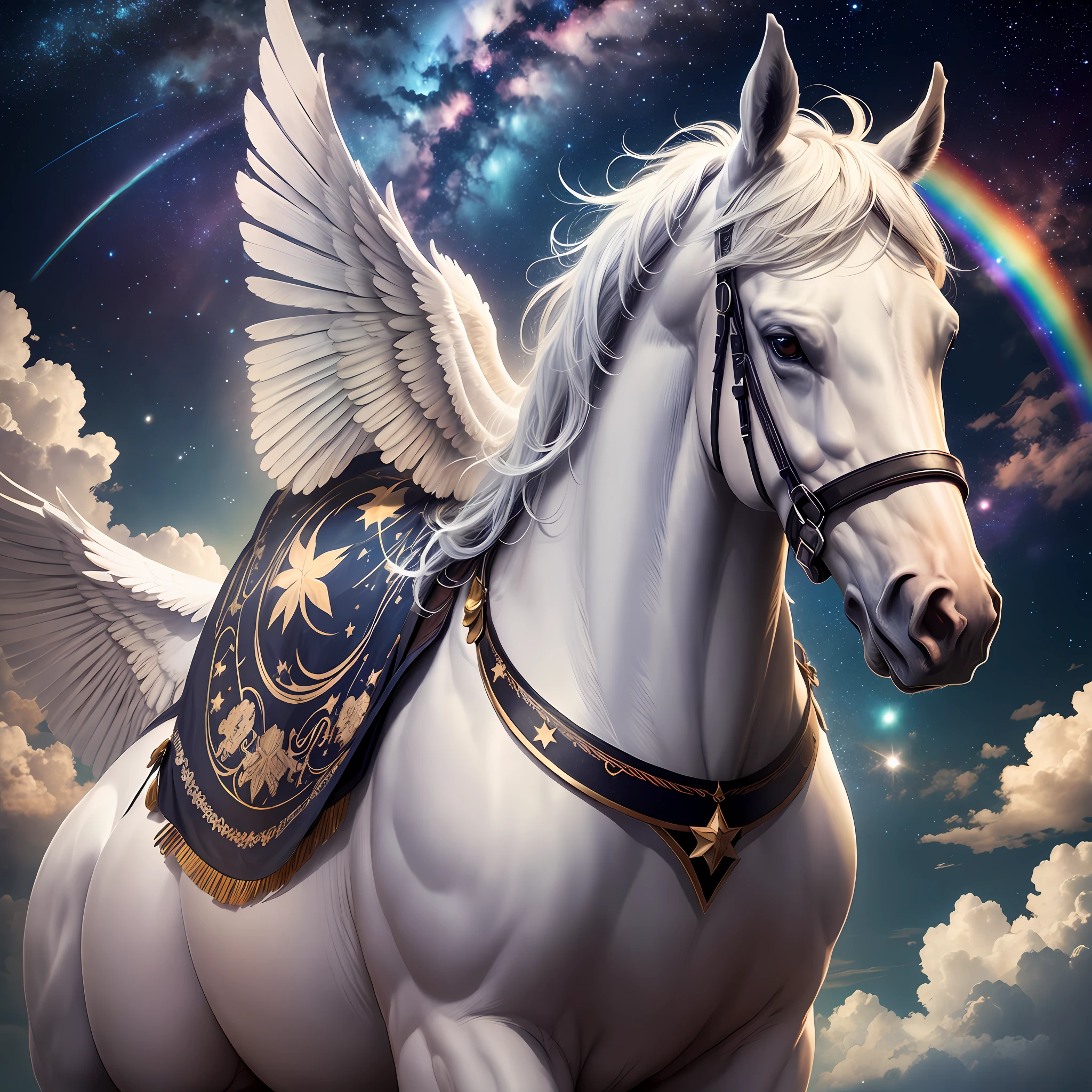 Starry sky, big white wings, horses, rainbows,