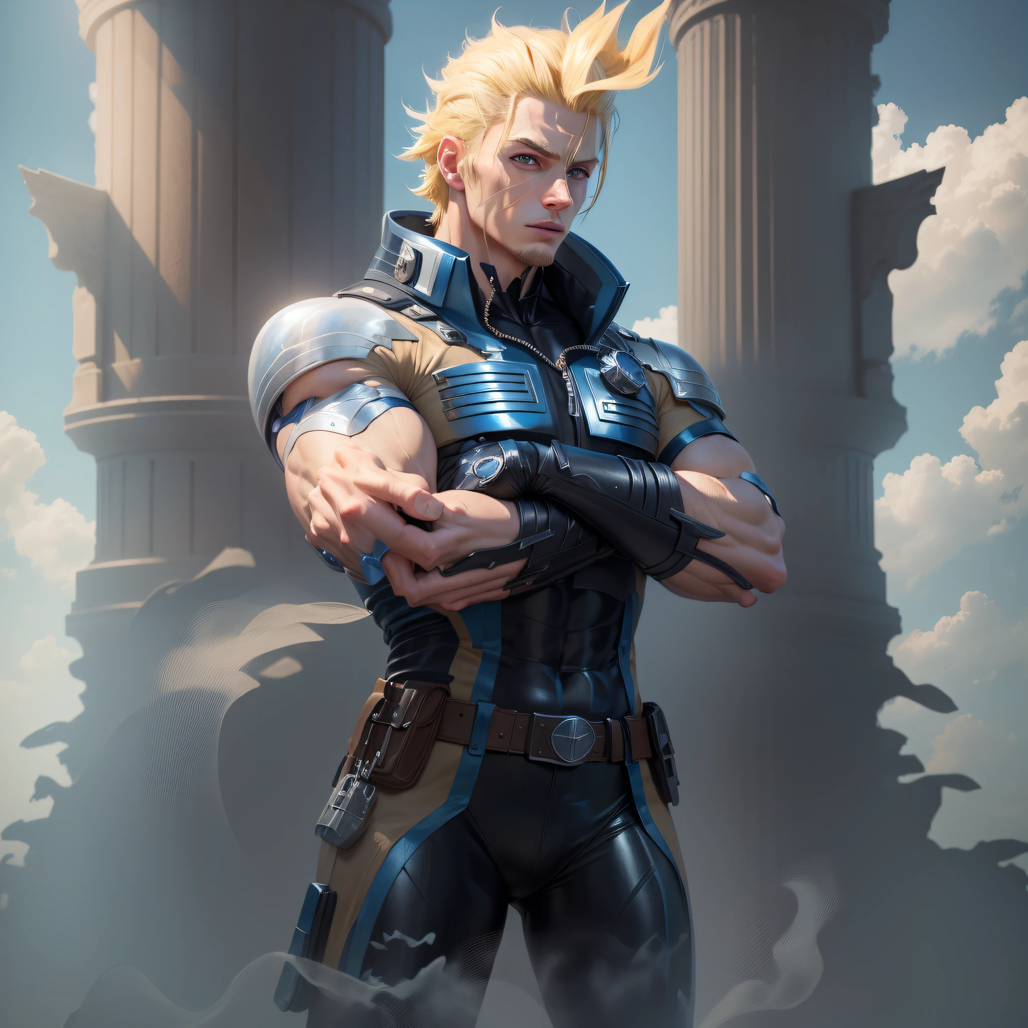 All Migth from My Hero Academy super realistic a real person super detailed blonde hair blue eyes dynamic pose
