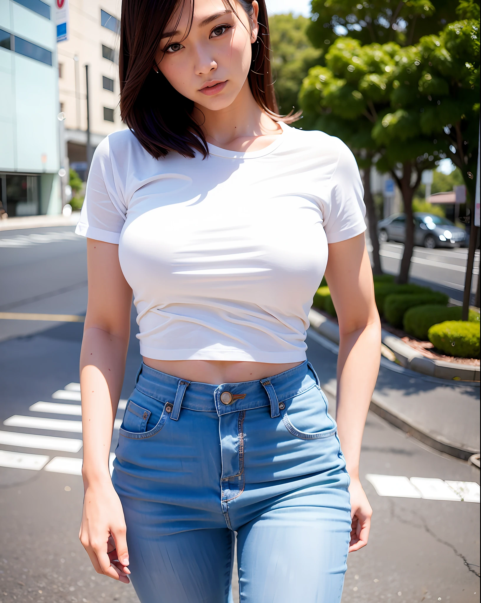 Slender, College Student, Big, Beautiful Japan Woman, 8k, Japan Model, Beauties, Sexy Women, Various Hairstyles, Top Quality, City Background, Serious Expression, Realistic, Thin Thighs, Delicate, Realistic, Photography, Natural Light, Japan People, Shaved, Ultra-Detailed Face, Masterpiece 1.2, White T-Shirt with Thin Fabric, Jeans, Delicate Lips, Full Body, Realistic, Ultra-detailed face, Detailed eyes, expensive underwear