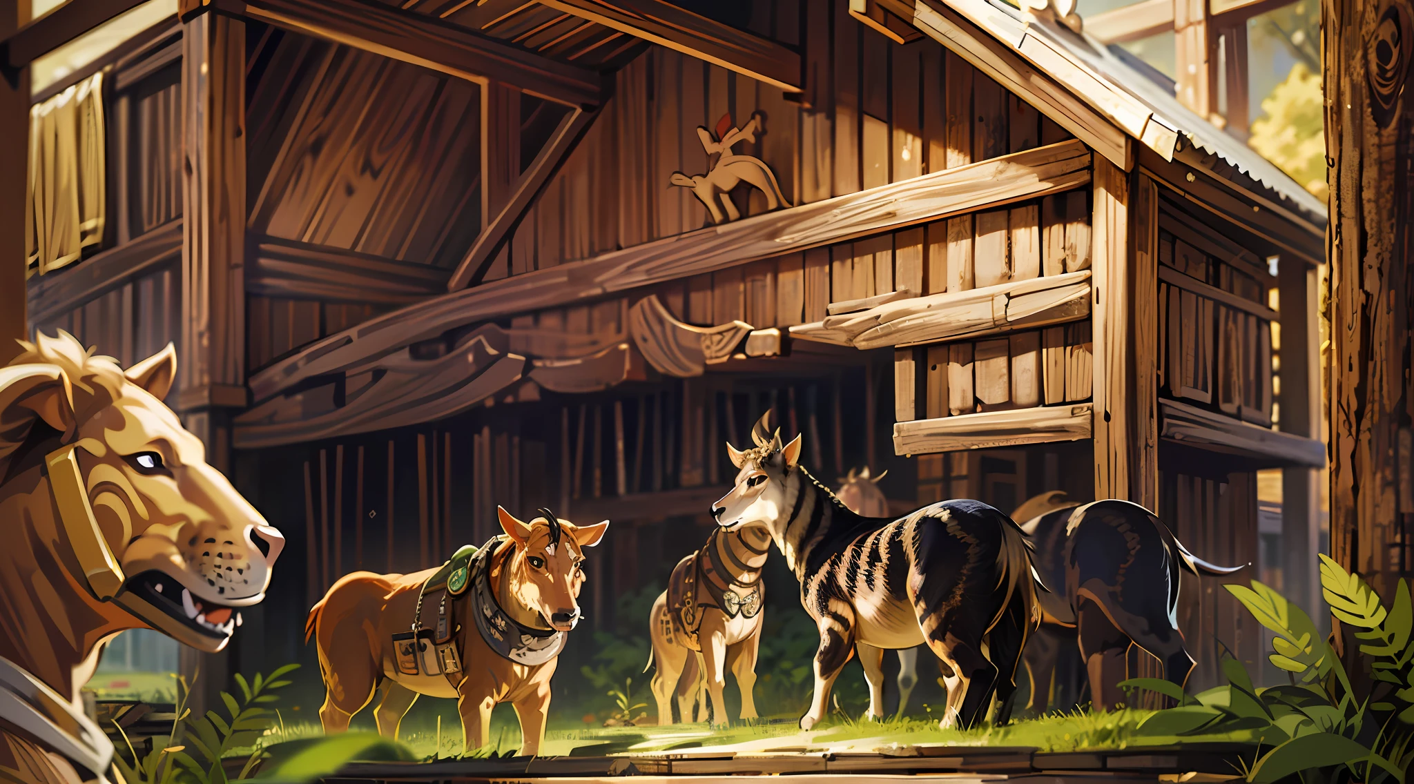 painting of a group of animals standing in front of a barn, by Franz Hegi, by József Borsos, very detailed digital painting, highly detailed digital painting, highly detailed scene, concept art highly detailed, by Harold von Schmidt, by Leo Goetz, realistic scene, by Hristofor Zhefarovich