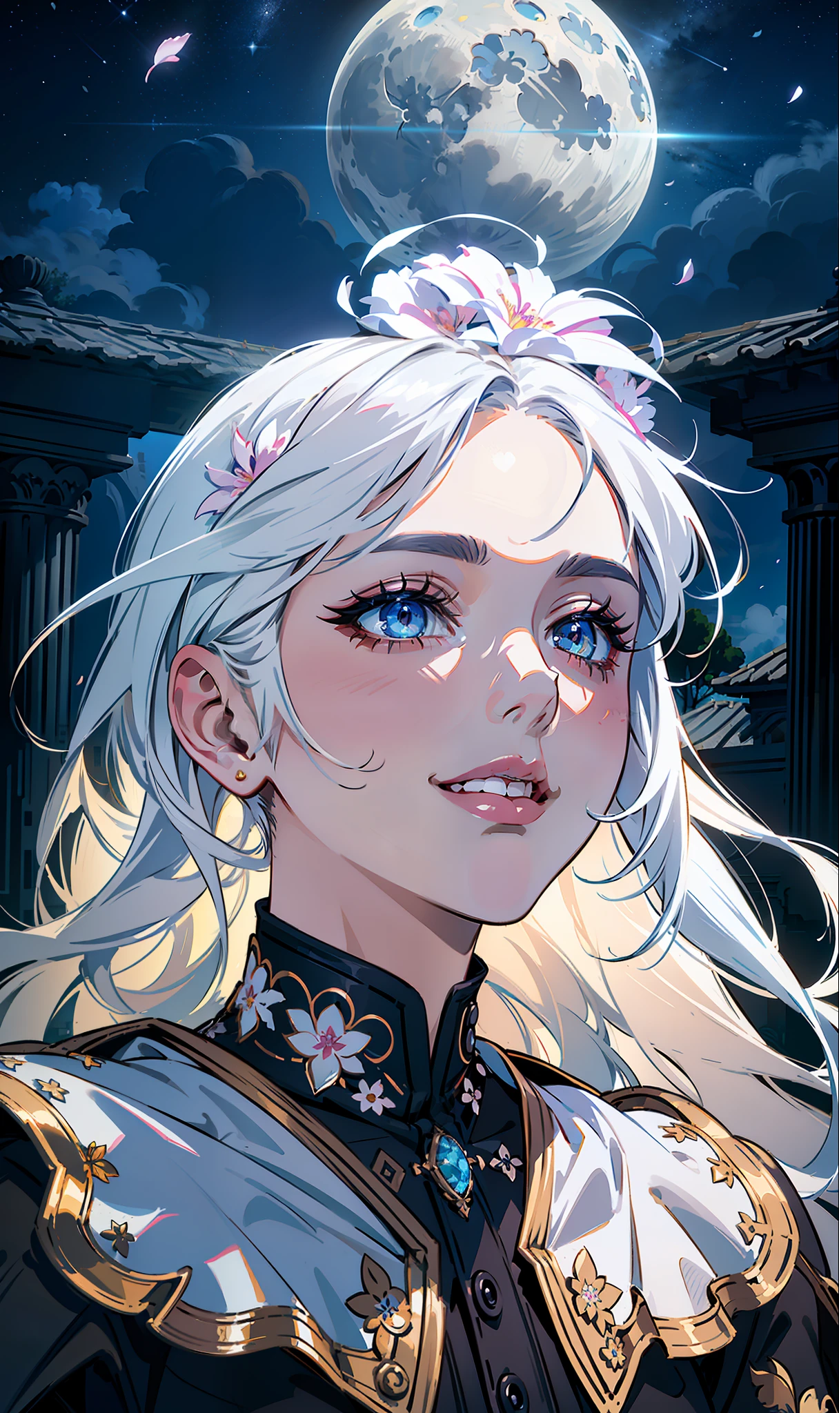 masterpiece, best quality,
1girl, (colorful),(finely detailed beautiful eyes and detailed face),cinematic lighting,bust shot,extremely detailed CG unity 8k wallpaper,white hair,solo,smile,intricate skirt,((flying petal)),(Flowery meadow)
sky, cloudy_sky, building, moonlight, moon, night, (dark theme:1.3), light, fantasy,