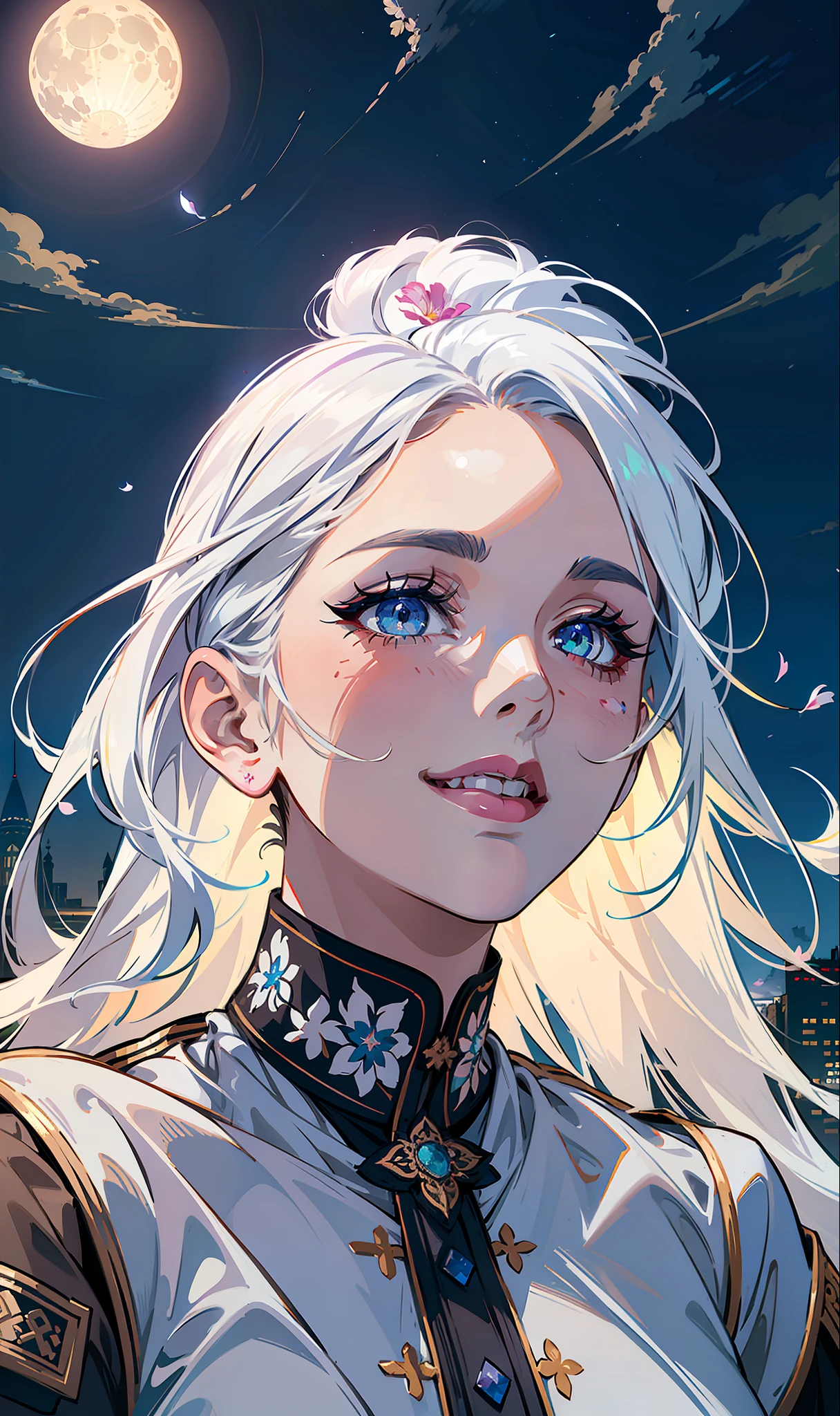 masterpiece, best quality,
1girl, (colorful),(finely detailed beautiful eyes and detailed face),cinematic lighting,bust shot,extremely detailed CG unity 8k wallpaper,white hair,solo,smile,intricate skirt,((flying petal)),(Flowery meadow)
sky, cloudy_sky, building, moonlight, moon, night, (dark theme:1.3), light, fantasy,