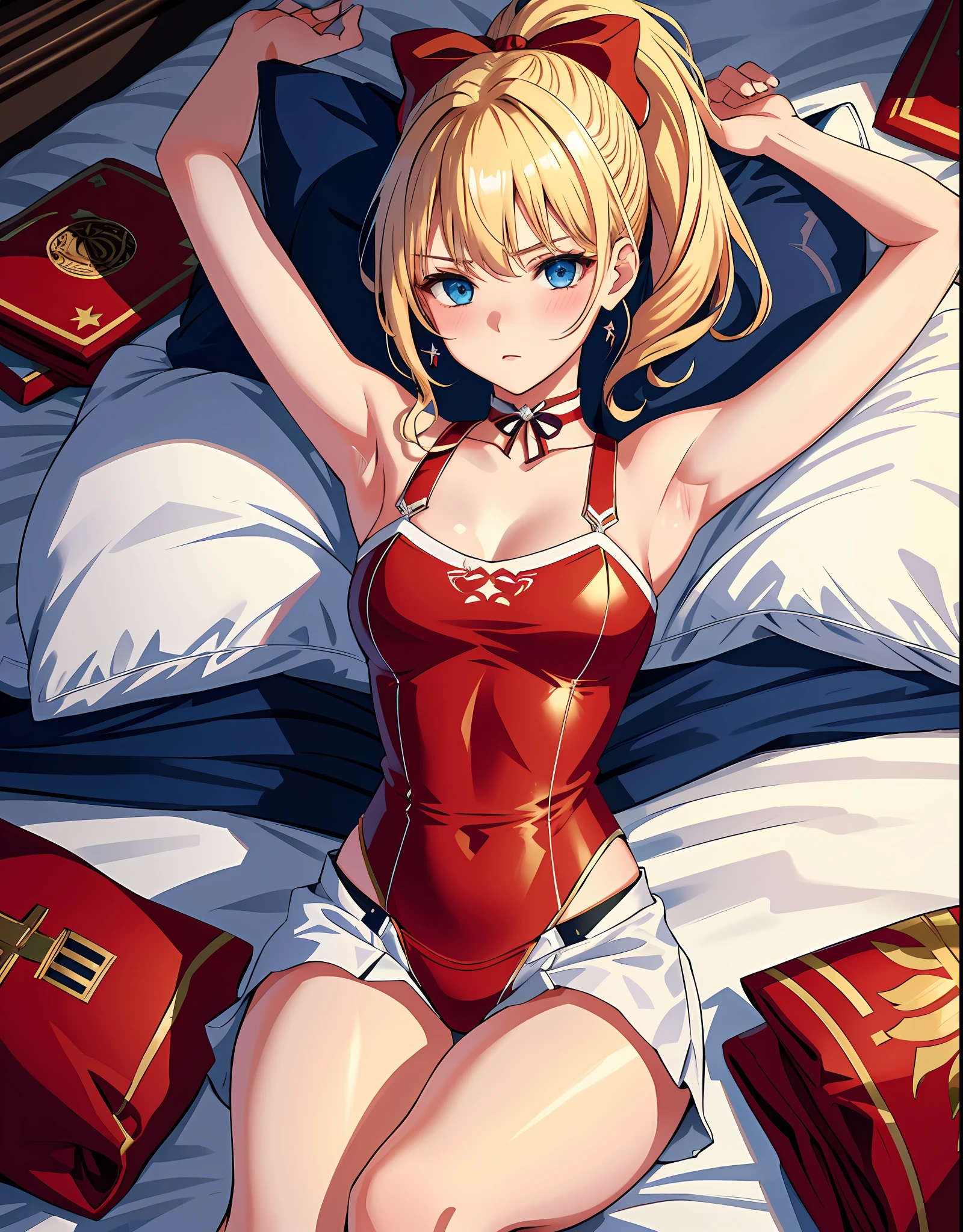 masterpiece, ultra high quality CG, best quality, perfect picture, solo, lidia sobieska (tekken, blonde hair with high ponytail, blue eyes, red hairbow, strong), wearing a sexy karate outfit, lying in bed with arms up, armpit, looking sideways, blushing, shoulders showing, in a european mansion