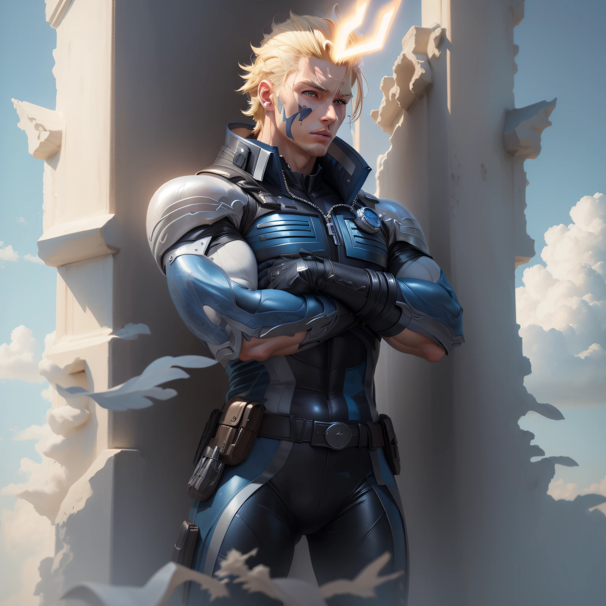 All Migth from My Hero Academy super realistic a real person super detailed blonde hair blue eyes dynamic pose