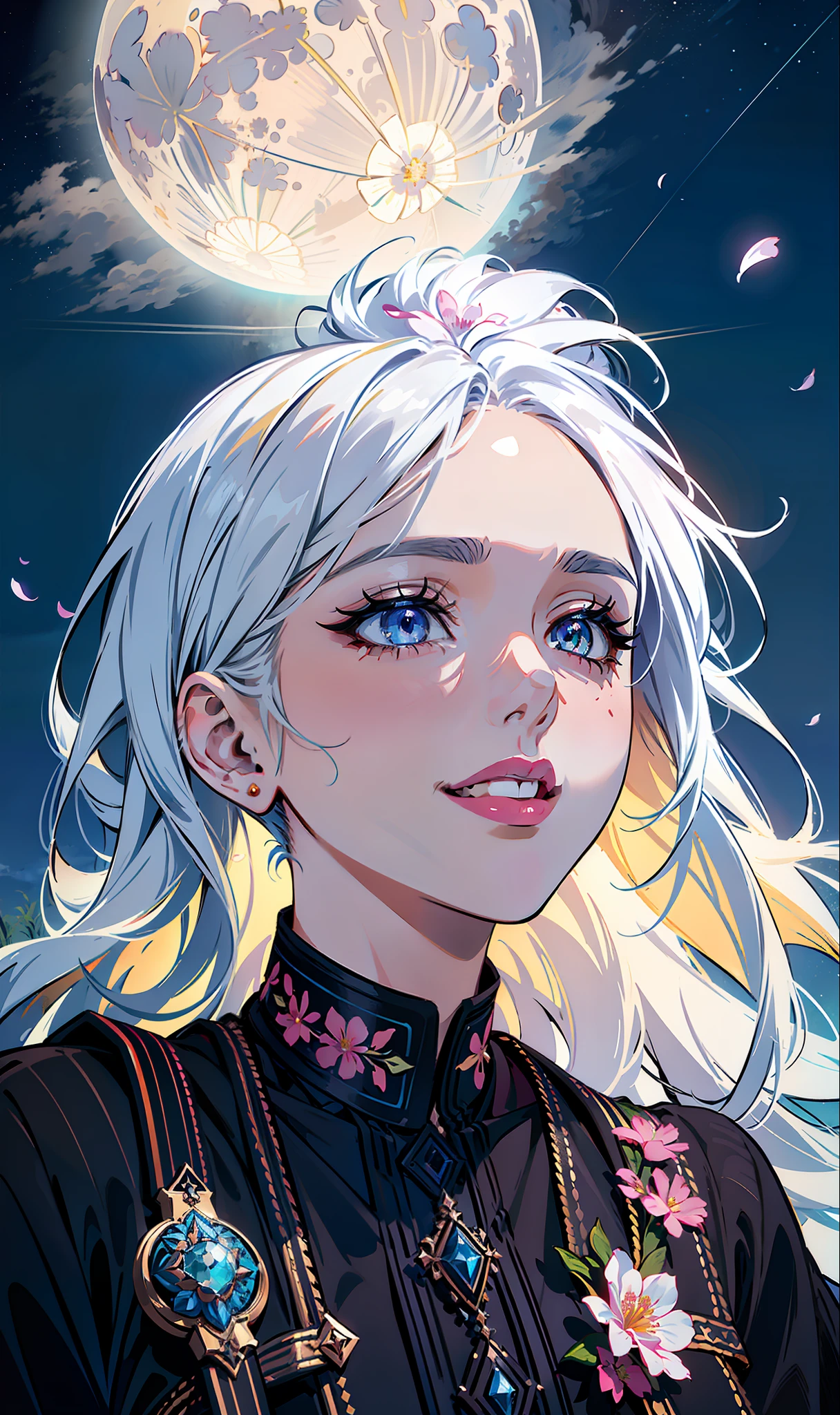 masterpiece, best quality,
1girl, (colorful),(finely detailed beautiful eyes and detailed face),cinematic lighting,bust shot,extremely detailed CG unity 8k wallpaper,white hair,solo,smile,intricate skirt,((flying petal)),(Flowery meadow)
sky, cloudy_sky, building, moonlight, moon, night, (dark theme:1.3), light, fantasy,
