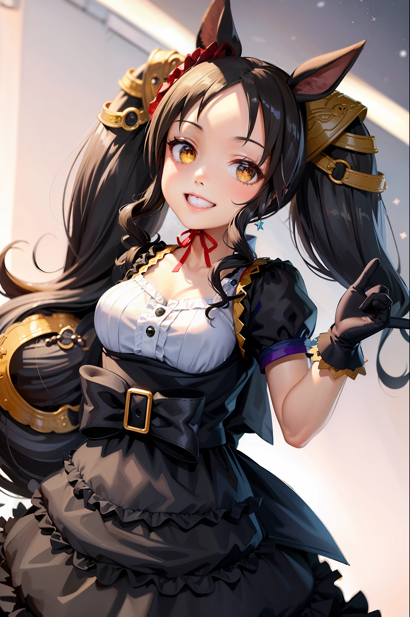 (masterpiece, best quality:1.2),  cowboy shot, solo, 1girl, marvelous sunday \(umamusume\), smile, looking at viewer, spread arms, black hair, twintails, hair ornament, +_+, secondary outfit, black frilled dress, starry sky