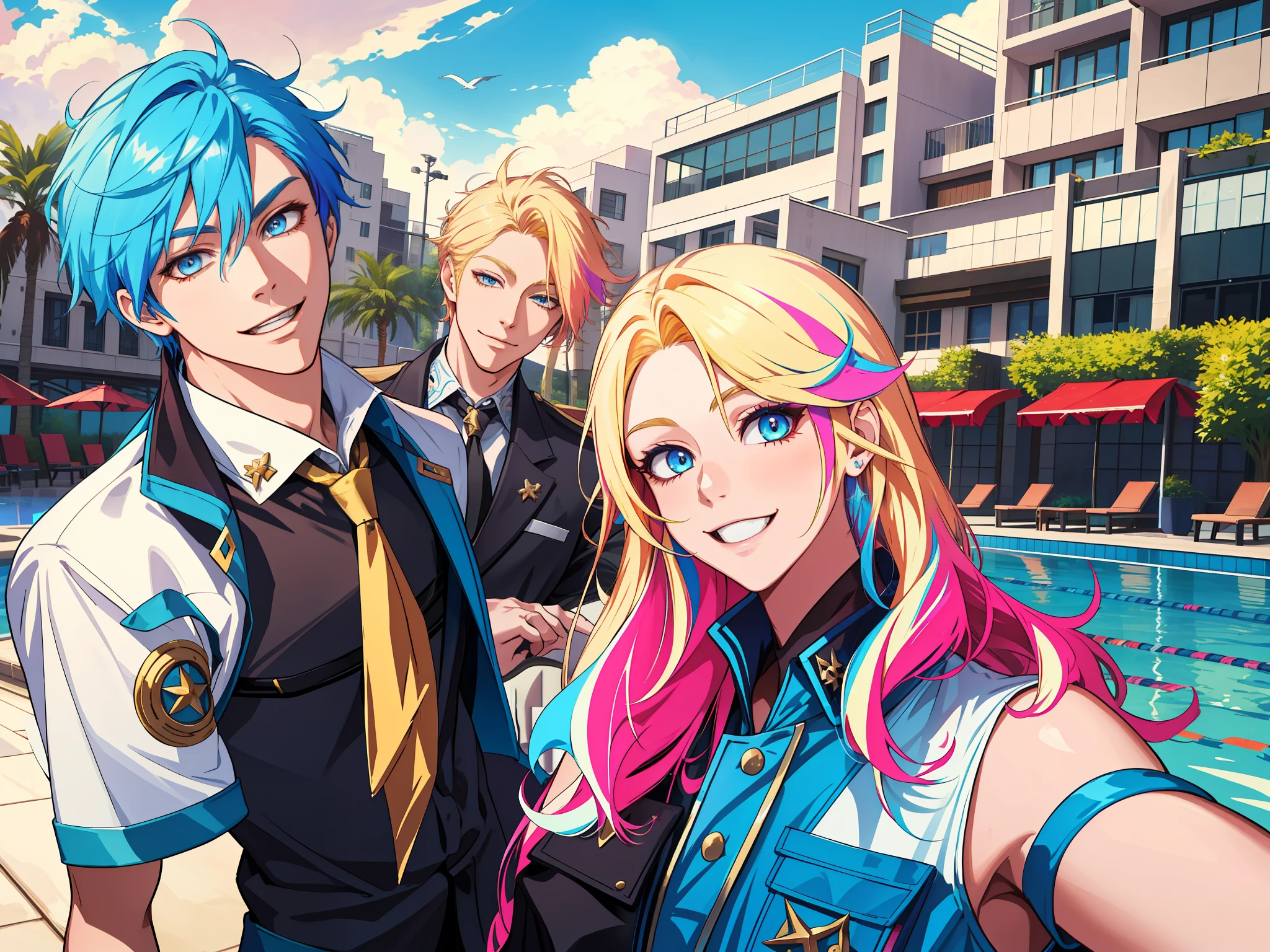 masterpiece, best quality, highres, ahri1, 1girl, solo, blonde hair, k/da \(league of legends\), long hair, multicolored hair, open hair, blue eyes, two-tone hair, poolside, smile, 2 young boys behind her
