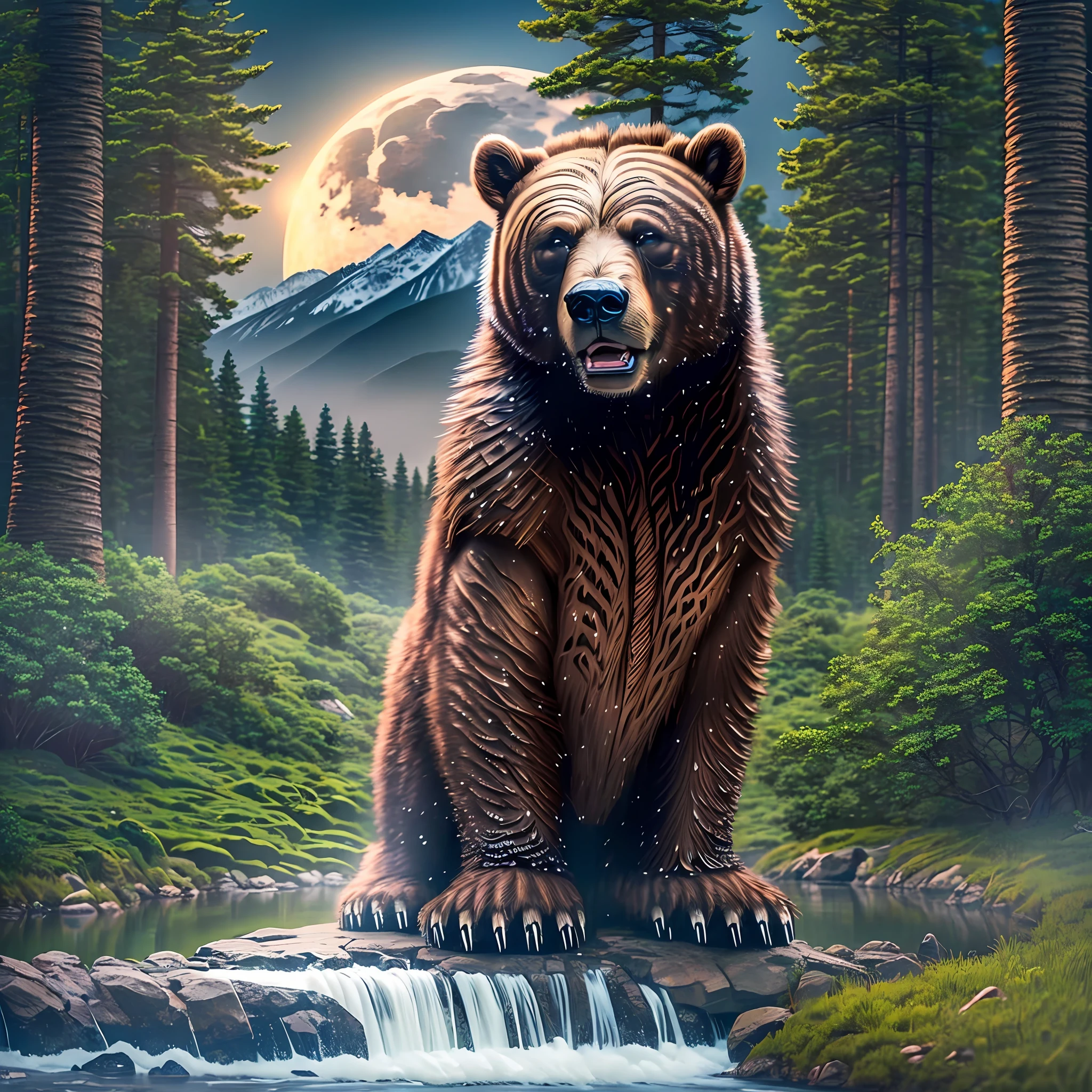 ((High quality)), ((super detailed)), ((super realistic)) brown bear in forest very angry, trees, night, mountains, lake, night, big moon, 8k uhd, dslr, soft lighting, film grain, Fujifilm XT3, photorealistic rendering, 3ds Max + V-Ray, extremely detailed and intricate