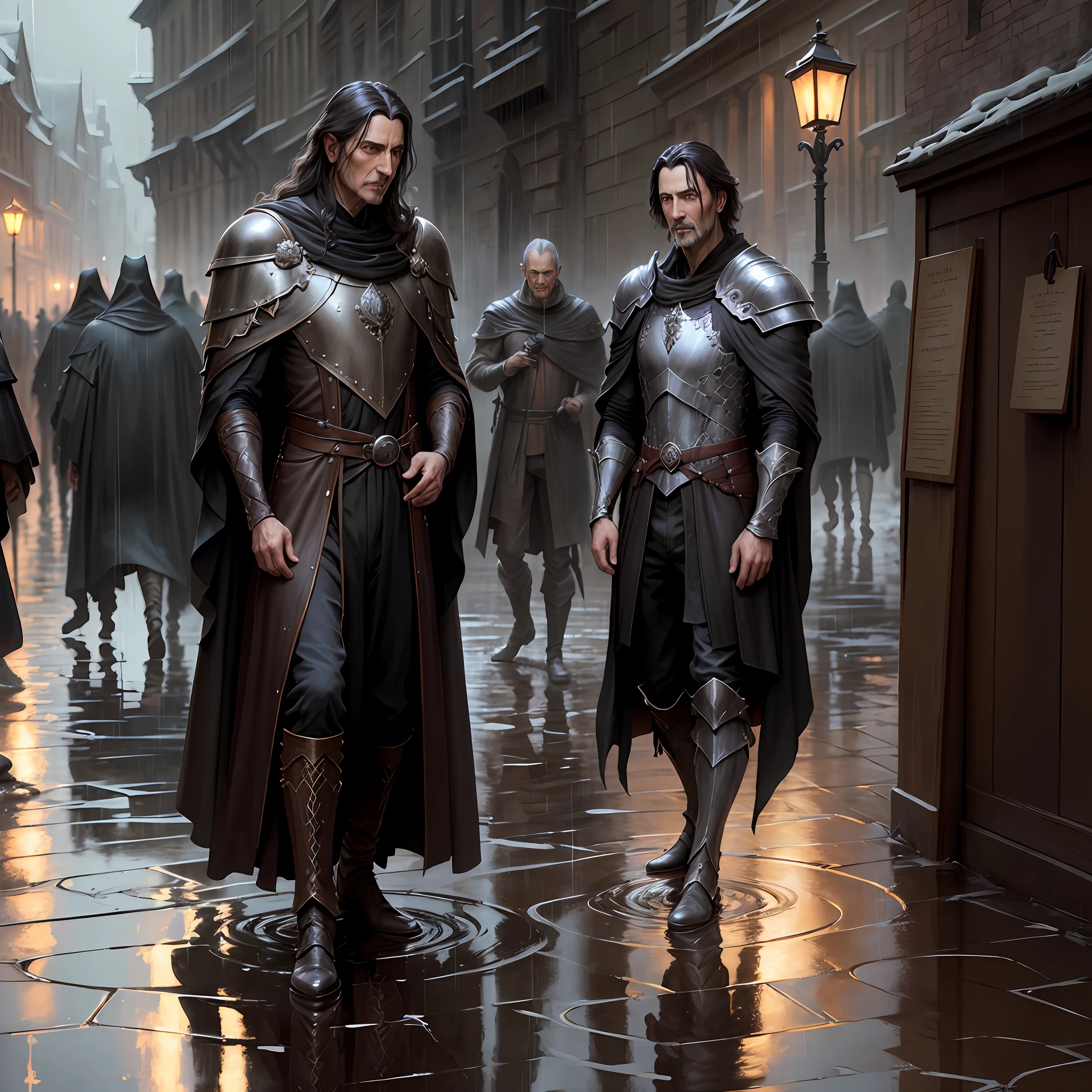 man standing in a puddle in the rain, weta studio, noble male in black robes, donato giancola, darius zawadzki and tom bagshaw, tuomas korpi and wlop, fantasy genre portrait, full portrait of magical knight, yuri shwedoff, by Cynthia Sheppard