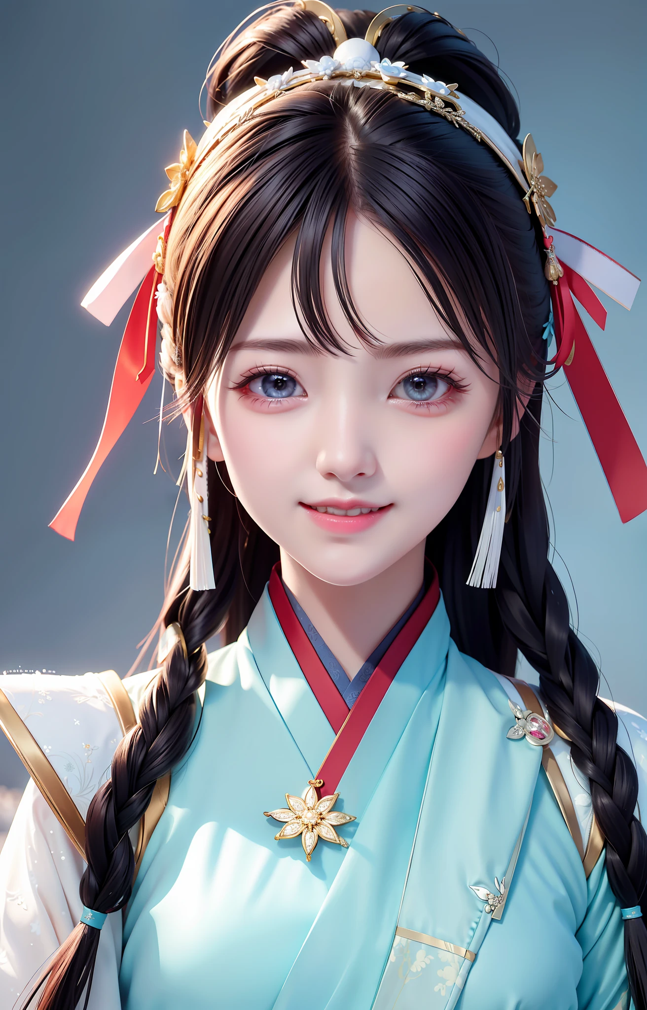 Twin sisters, best quality, masterpieces, Hanfu, snowscapes. Headwear ribbon, high ponytail, charming smile, healing smile, beauty that people can't forget when they look at it, close-up