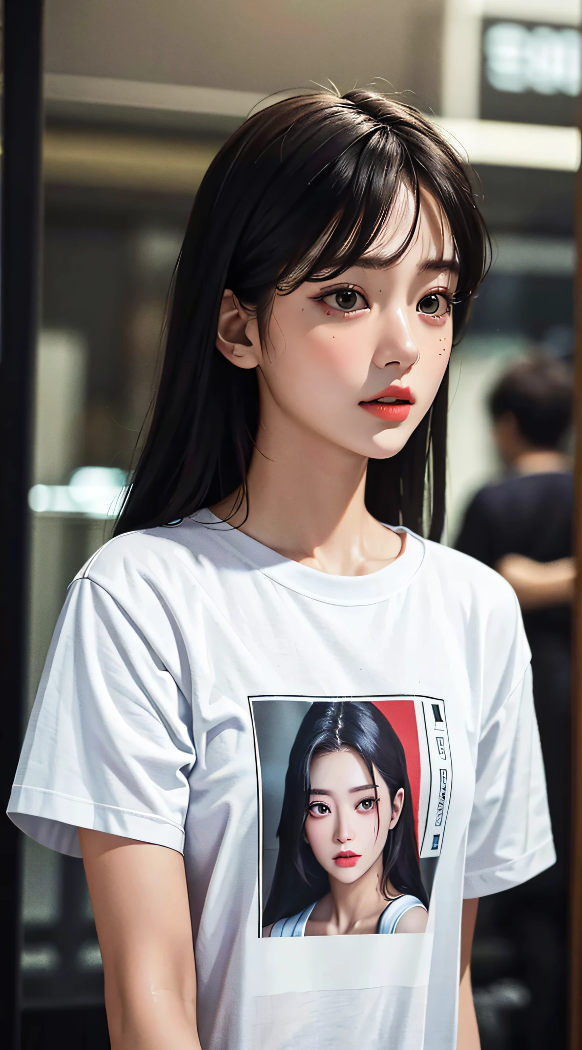 Masterpiece, Best Quality, (Dark Photo: 1.3), Realistic, 1girl, Delicate Facial Features, T-shirt, Emotional, Ulzzang