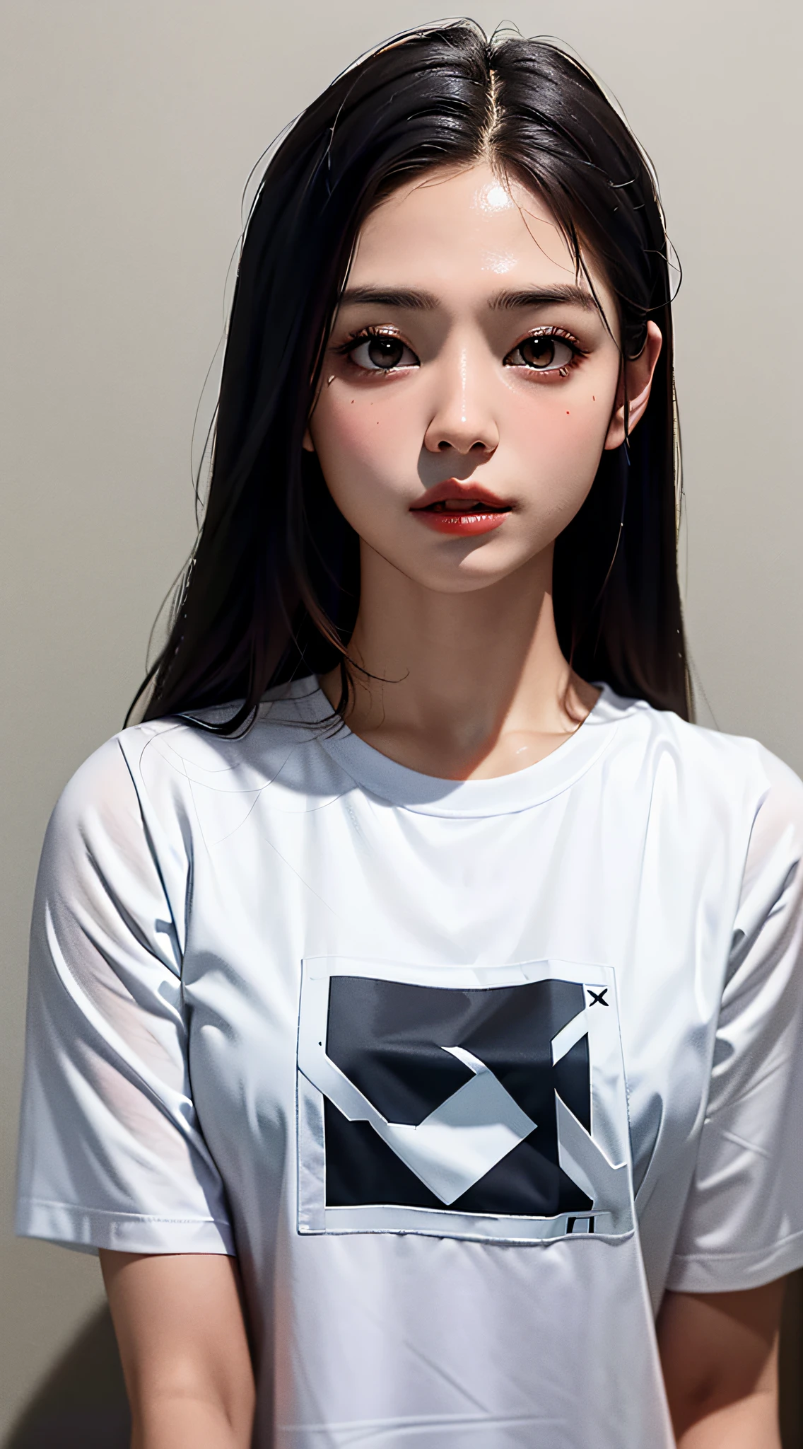 Masterpiece, Best Quality, (Dark Photo: 1.3), Realistic, 1girl, Delicate Facial Features, T-shirt, Emotional, Ulzzang