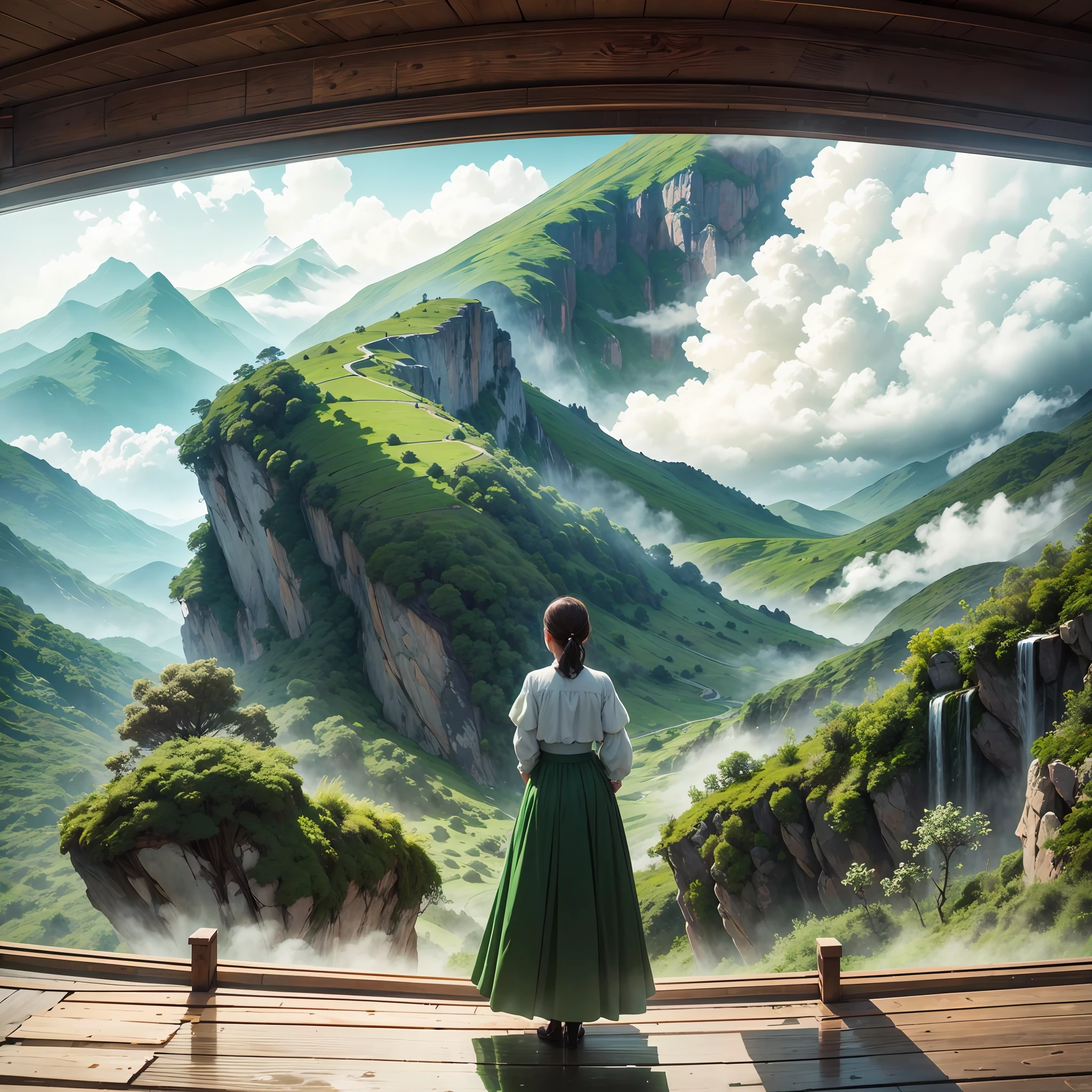 There is a woman on the small building, looking at the green mountains and green water through the small window, full of clouds and mist, --auto --s2
