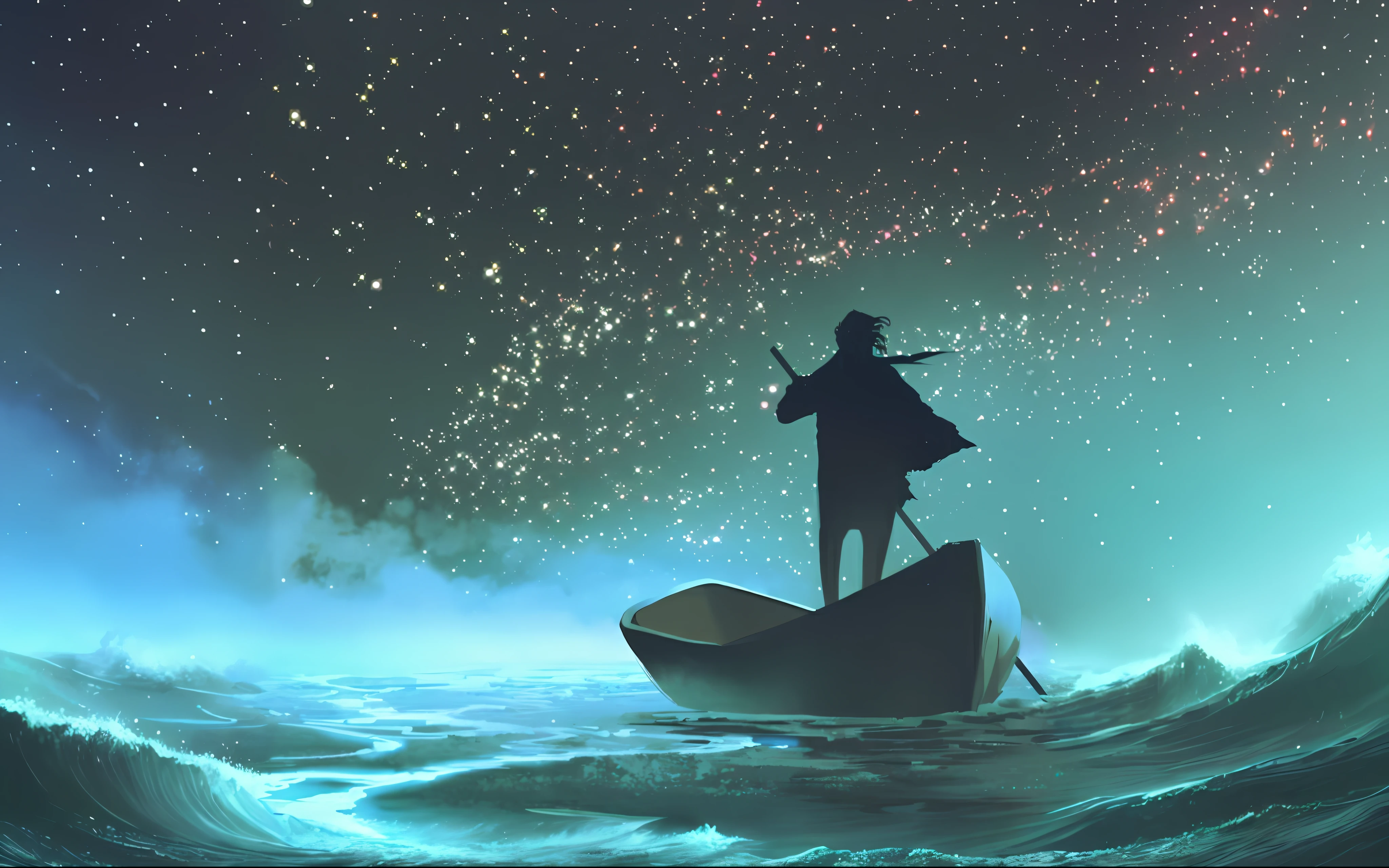 full shot, inside the water waves (tunnel), stars  Gargantua background, wet,  insane details, cinematic, epic realistic, intricate details, hyperdetailed, high quality, [RAW], (by Ivan Aivazovsky)