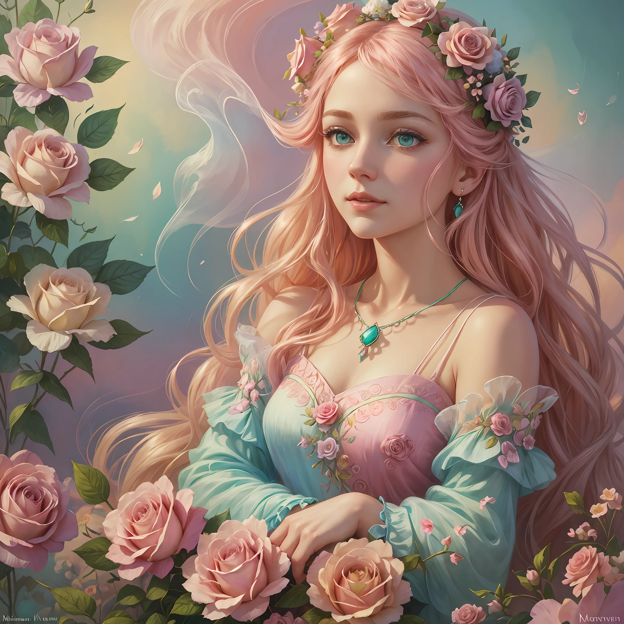 Whimsical fantasy elegant rose floral botany minimalism with a wave of flowers garden flowing flowers floating in hazy pastel pink, aqua green, pastel apricot, smoke fractal, moody and massively realistic flowers, octane rendering, Josephine wall art, Isabel Menin, Jean, Amy brown --auto --s2