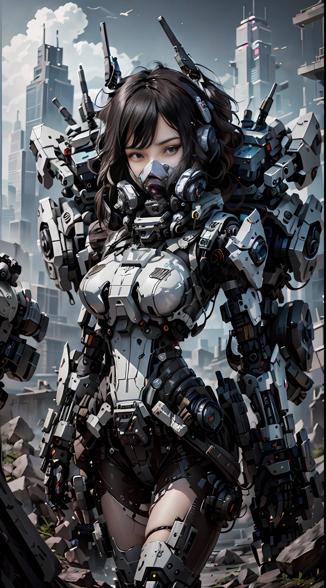 This is a CG Unity 8k wallpaper with ultra-detailed, high-resolution and top quality in cyberpunk style, dominated by black and red. In the picture, a beautiful girl with white messy short hair, a delicate face, wearing a steam mecha mask, standing on the ruins, behind her is a huge robot, and the action of a woman holding a heavy sniper rifle in her hand,
