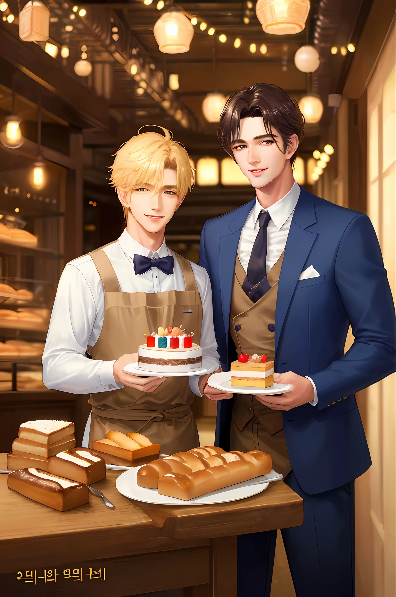 masterpiece, best quality, dreamy bakery background ( cafe background, dim fairy lights, cake and bread baskests), (( Two handsome boys, two males)), cinematic lightning, realistic 1.4, golden ratio, warm tone setting, beautiful males,( korean idol face) devilish smile, potrait