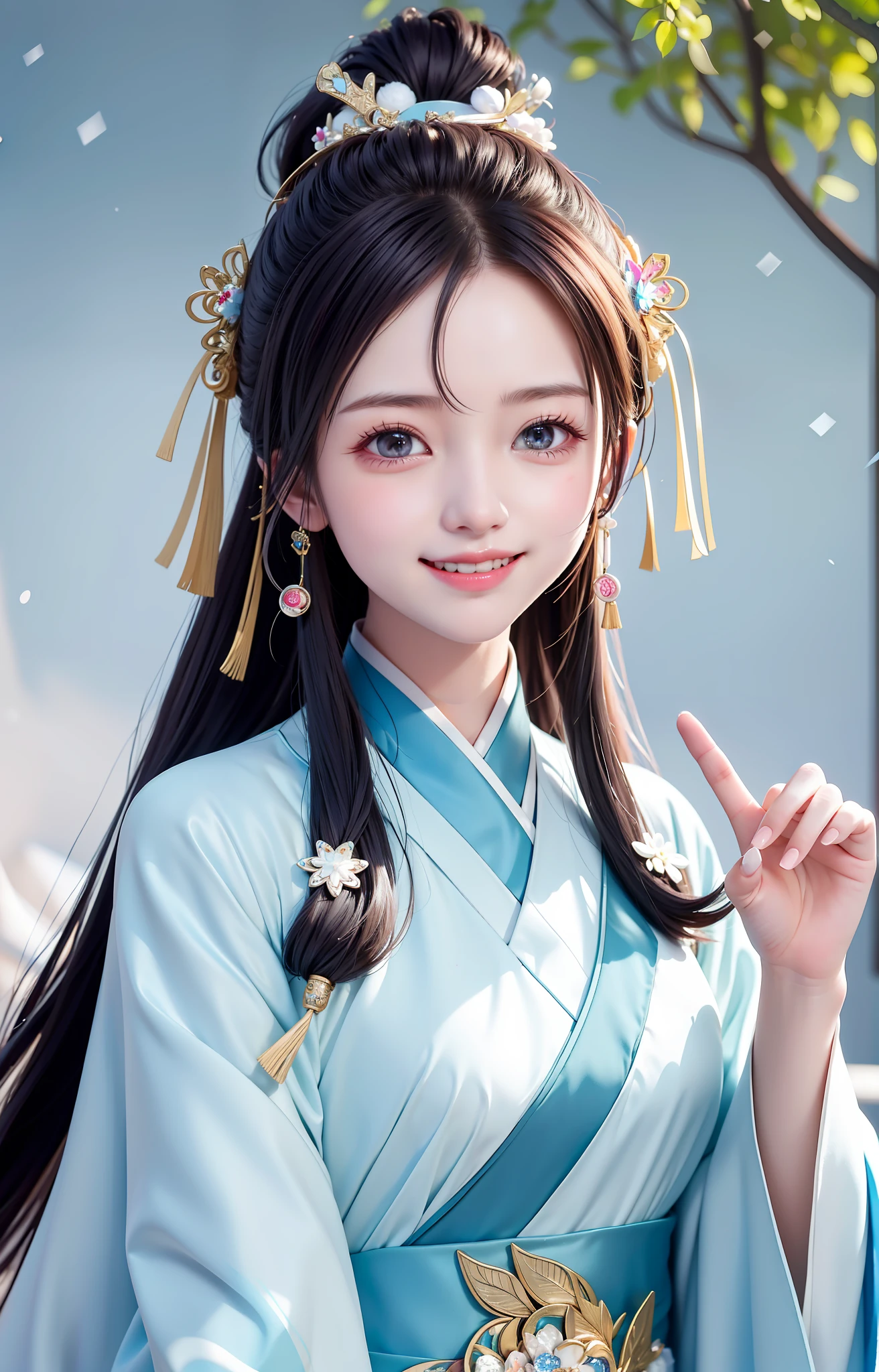 Twin sisters, best quality, masterpieces, Hanfu, snowscapes. Headwear ribbon, high ponytail, charming smile, healing smile, beauty that people can't forget when they look at it, close-up