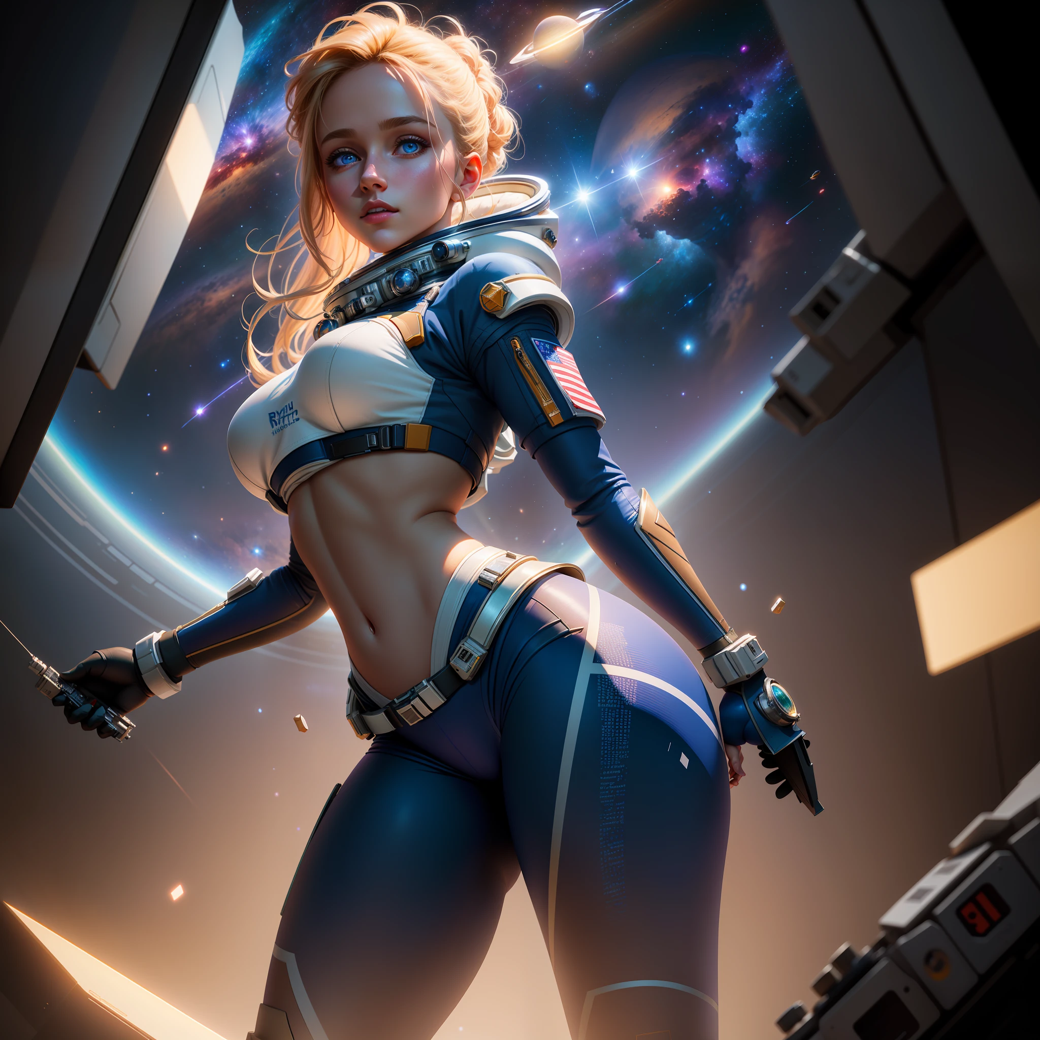 Highly detailed RAW color Photo, beautiful young girl in space suit, (wide hips), (detailed skin), (detailed lips), (detailed eyes), (space:1.4), smoke, (space setting) (detailed face), blonde, (curvy), midriff exposed, detailed eyes, chromatic aberration, depth of field, soft lighting, masterpiece, best quality, intricate, (bloom:0.7), (from below:1.4), low angle, particle effects, raytracing, tone mapped, highly detailed, concept art, smooth, sharp focus, dramatic lighting, highly detailed artwork, cinematic, hyper realistic painting, trending on Artstation, 8K, incredible shadows, realistic, (highly detailed background:1.2), art by midjourney