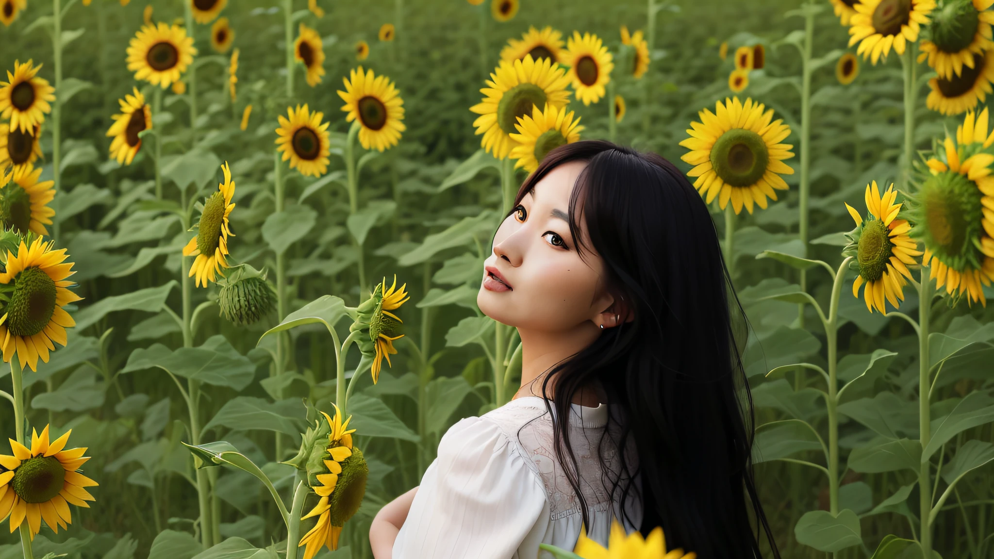 there is a woman standing in a field of sunflowers, sunflowers in the background, scene : sunflower field, scene: sunflower field, inspired by Jung Park, in a field with flowers, in a field of flowers, sangsoo jeong, jaeyeon nam, a goddess in a field of flowers, seseon yoon, standing in flower field, inspired by Xie Sun