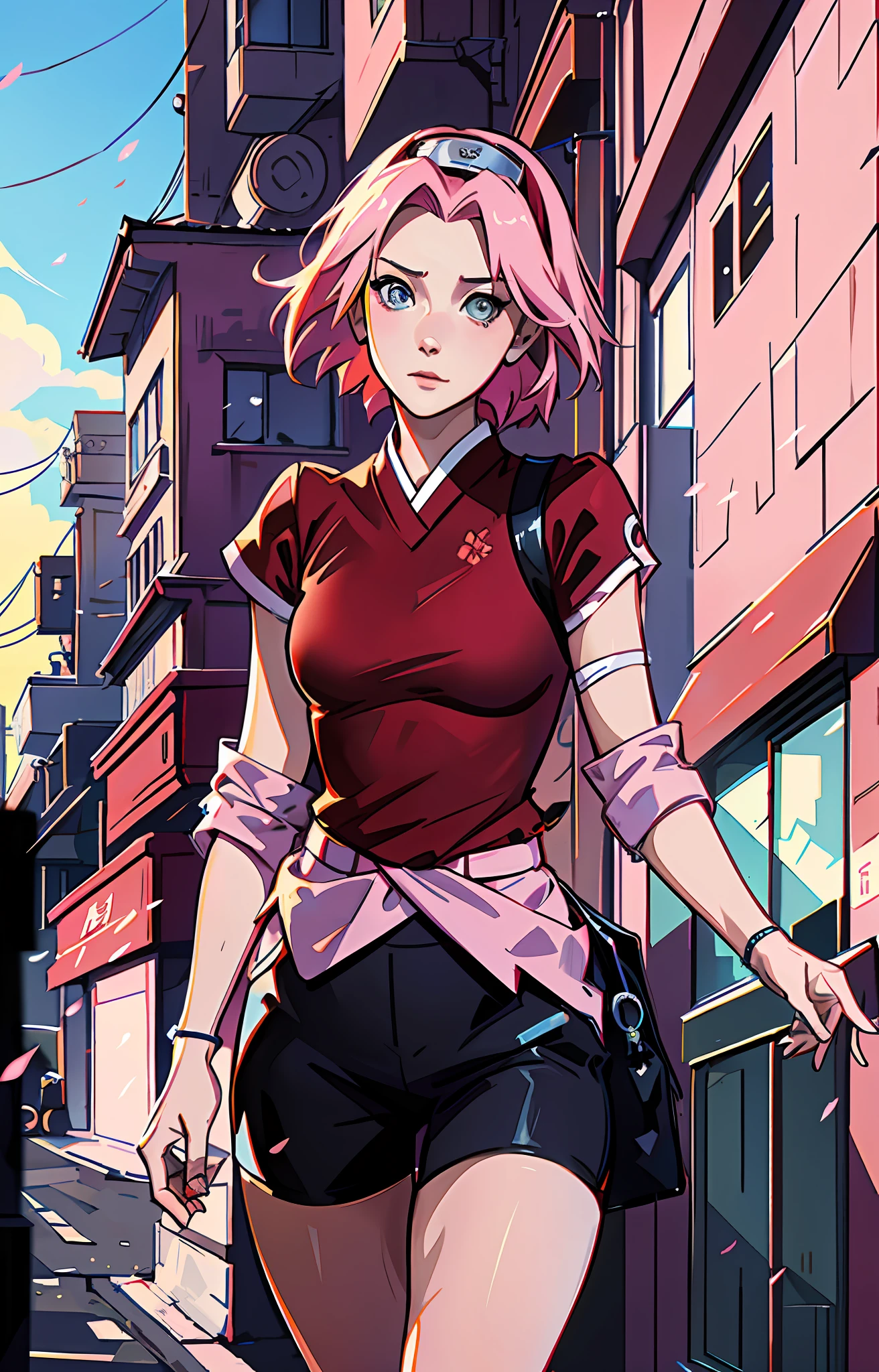 Sakura haruno, ANIME NARUTO, NINJA, ((SOLO)) ((forehead the show)), charming,fitness, attractive, wearing a ((red blouse)), pink hair, delicate, young, short hair, detailed face, kissing boyfriend, full body, looking at the viewer, bandana on the head, trend in art by rhads, andreas rocha, rossdraws, makoto shinkai, laurie greasley, lois van baarle, ilya kuvshinov and greg rutkowski