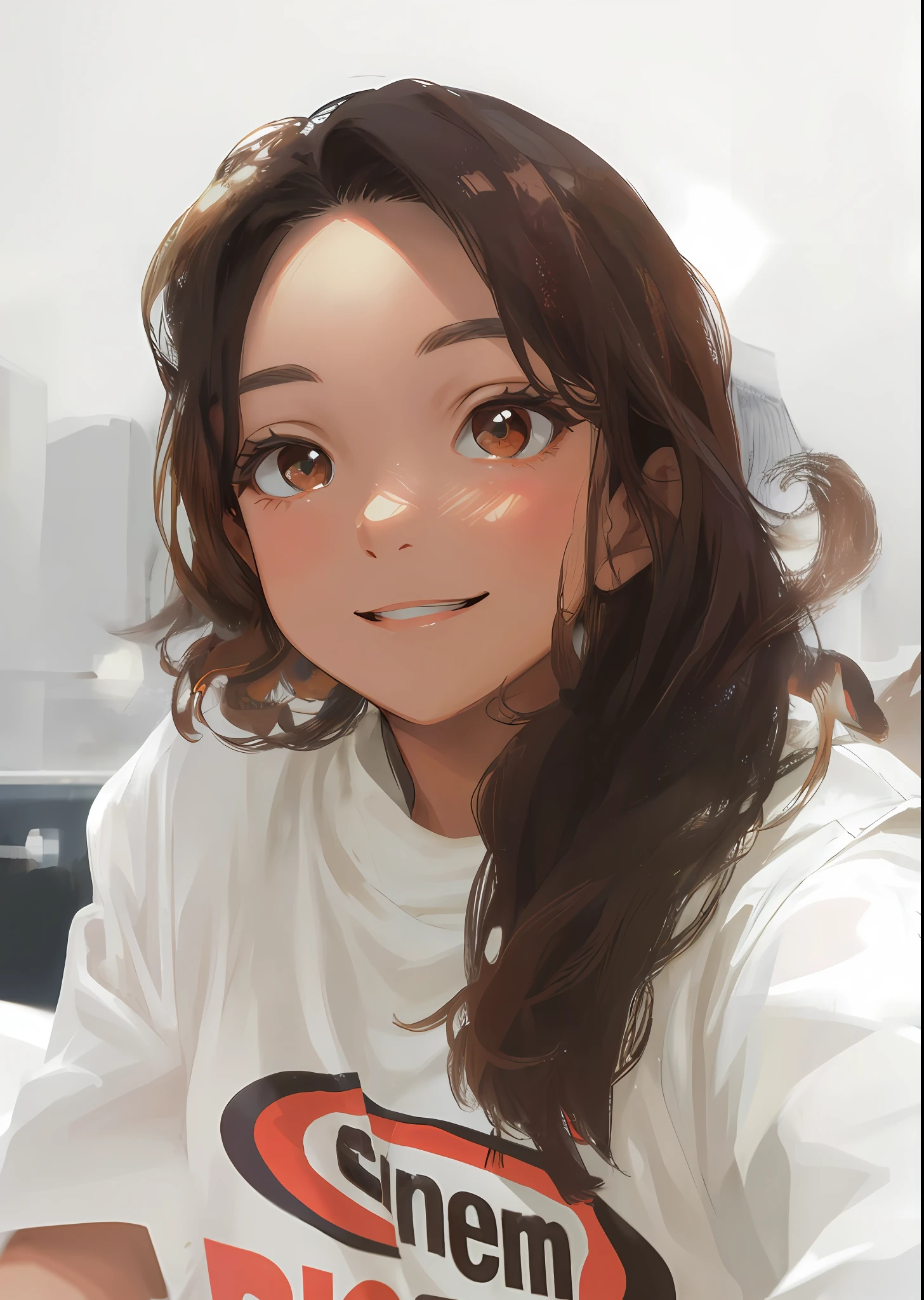 (Style: Real, Lens: Close-up, Picture: Bright) A beautiful girl smiling, she has big eyes and brown hair, and she has a slender figure.