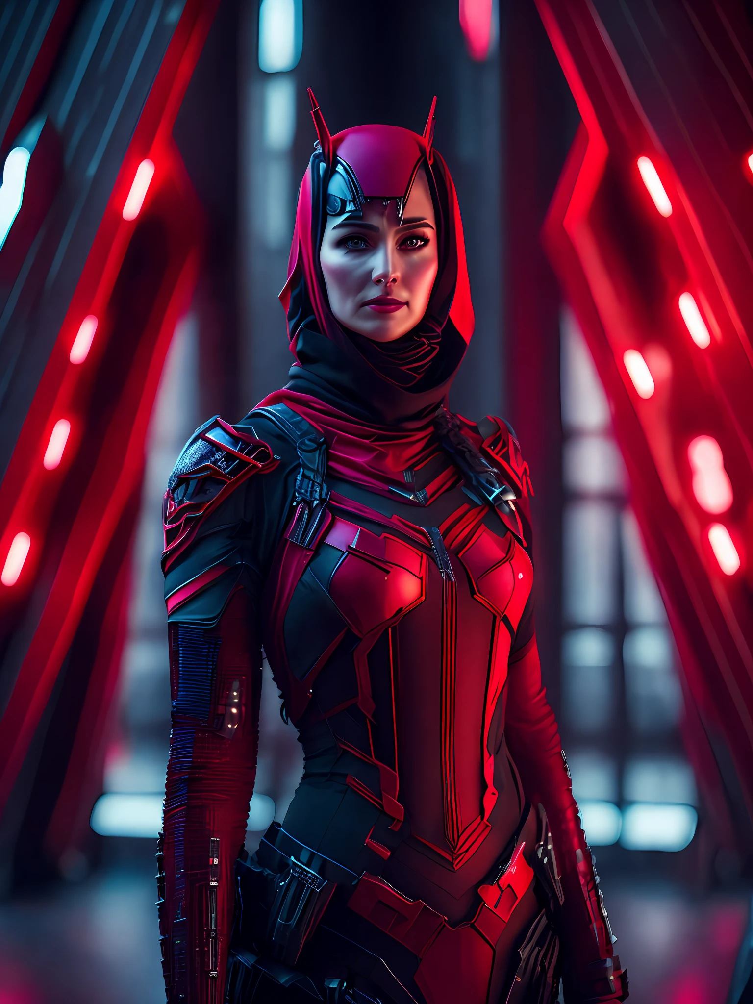 somber portrait of Woman dressed as Deadpool from Marvel with intricate angular cybernetic implants inside a brutalist building, gothic brutalist cathedral, cyberpunk, award-winning photo, bokeh, neon lights, cybernetic limb