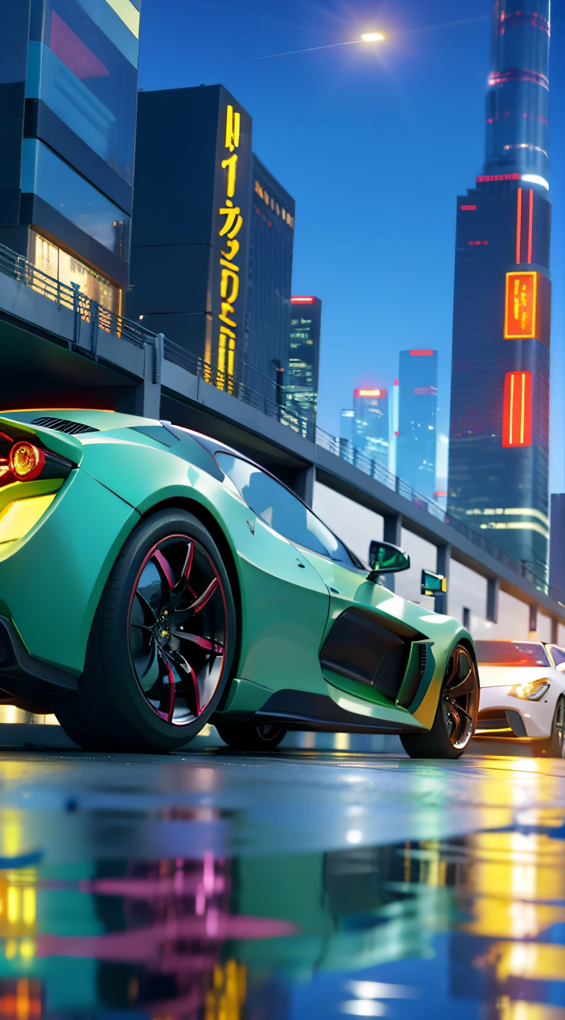 Speeding cars, reflective in the sun, technological, futuristic, walking through the city, cyberpunk, fluttering flags, exquisite sports cars