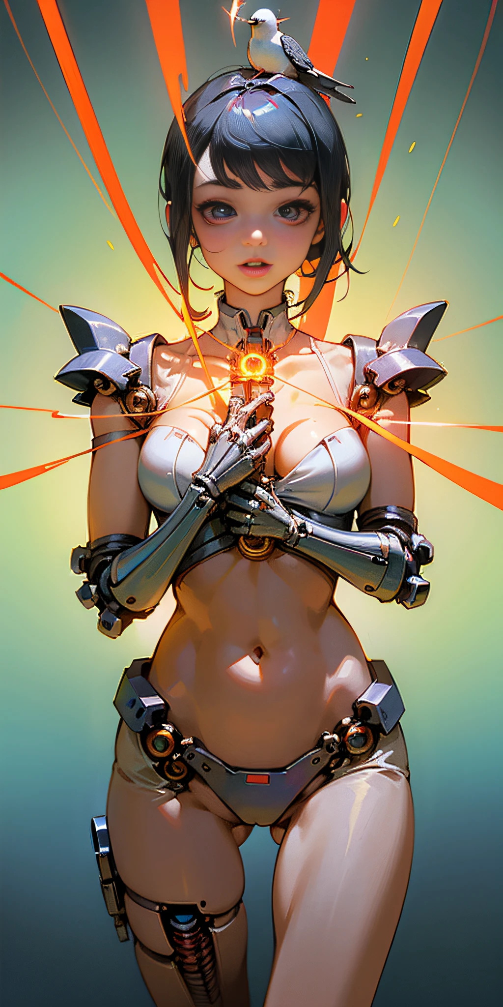 (((Masterpiece)))), (((Highest Quality)))), ((Super Detail)), (High Definition CG Illustration), (Cleavage, Lower Breasts, Navel), (((Very Delicate and Beautiful))),Cinematic Light,(((11Mechanical Bird Girl)),Solo,(Half Body Shooting:1.2),(Mechanical Joint: 1.2),((Mechanical limb)),(Blood vessel connected to a tube),(Mechanical vertebrae attached to the back),( Mechanical neck to wear on the neck)),laughter,(Wire cable attached to the neck:1.2),(Wire cable to the head:1.2),(Character focus),Science Fiction, Extreme Detail, Colorful, Supreme Detail, Rune, Feng Shui, Background