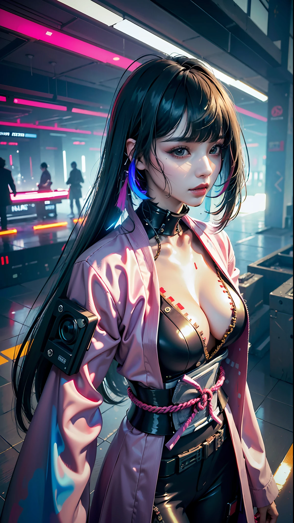 ((Best Quality)), ((Masterpiece)), (High Definition:1.3), 3D, Beautiful (Cyberpunk:1.3), Stylish woman looking at hakama, hakama, kimono, kimono, kobujutsu, black straight hair, blunt bangs, long hair, karateki, flashy colored clothes