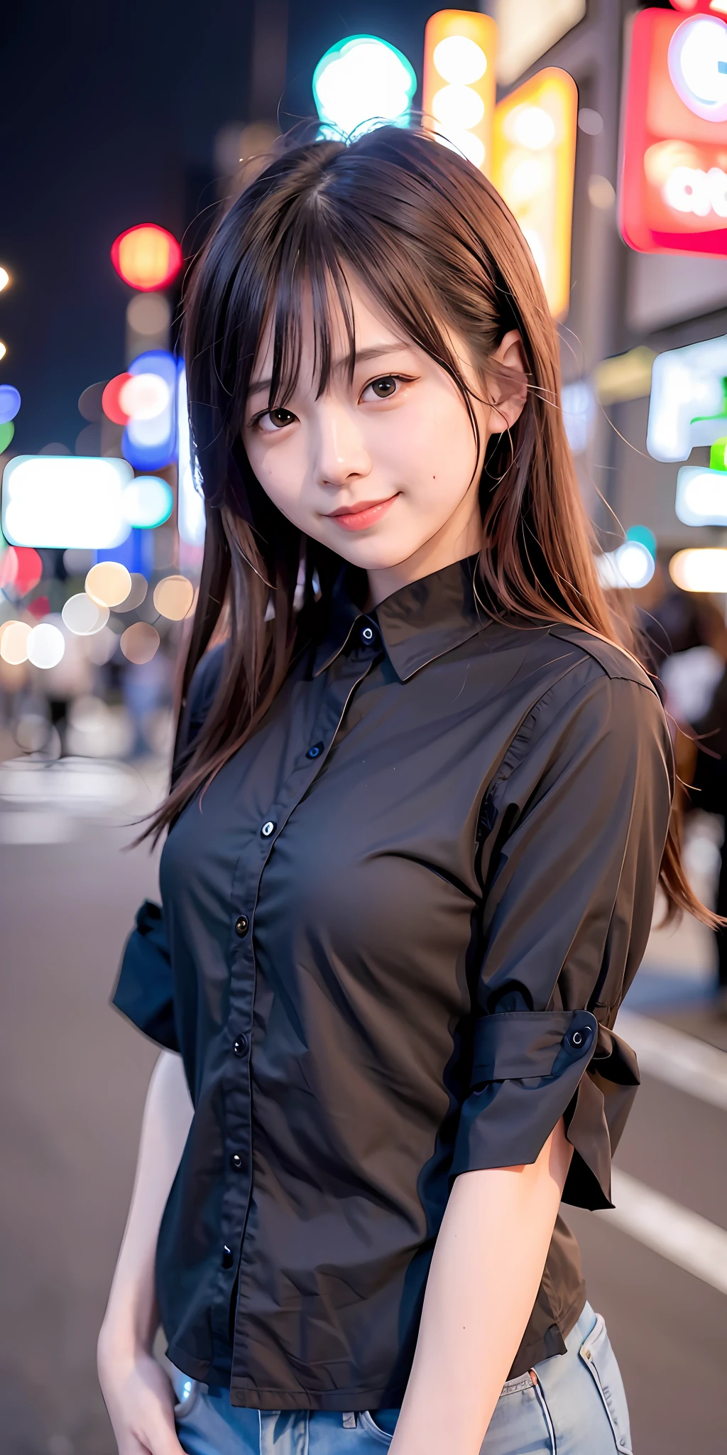 1 girl, Tokyo street, night, cityscape, city lights, upper body, close-up, blouse, smile, (8k, RAW photo, top quality, masterpiece: 1.2), (real, photoreal: 1.37),