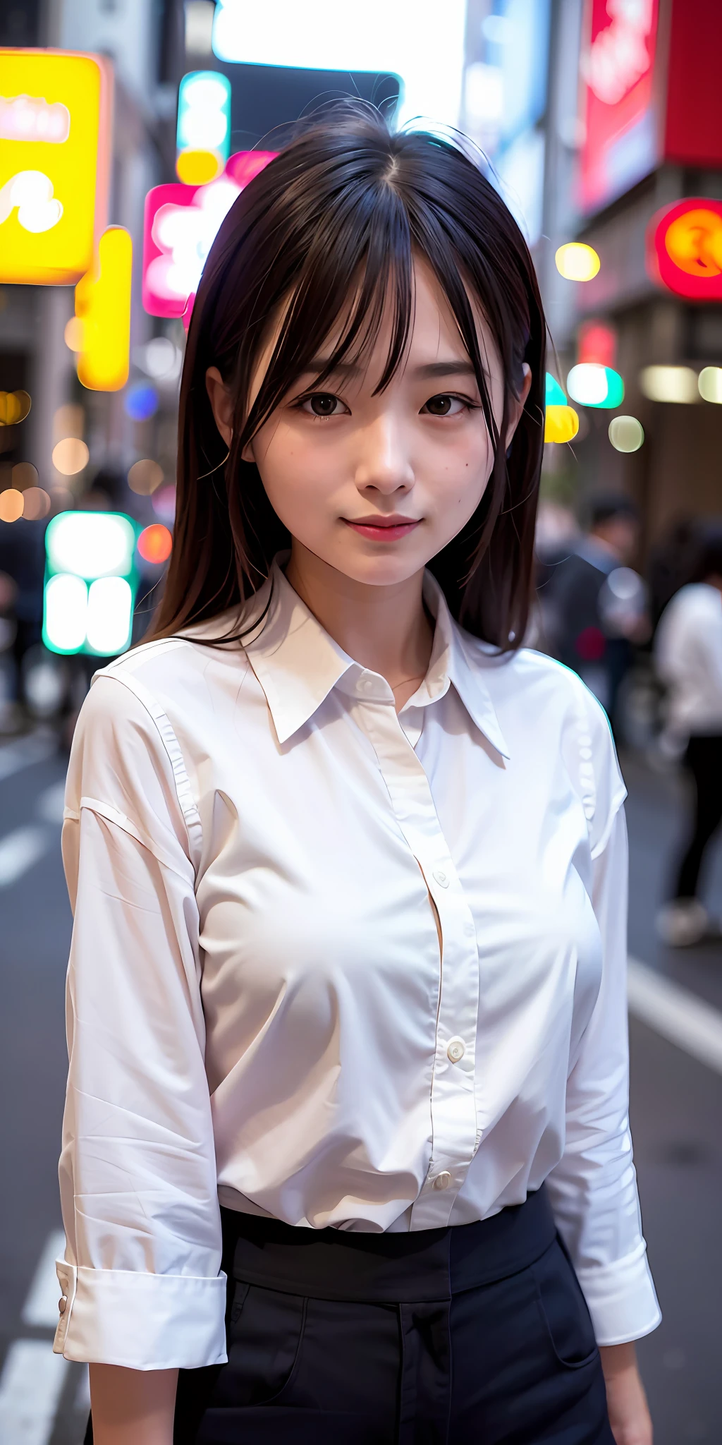 1 girl, Tokyo street, night, cityscape, city lights, upper body, close-up, blouse, smile, (8k, RAW photo, top quality, masterpiece: 1.2), (real, photoreal: 1.37),