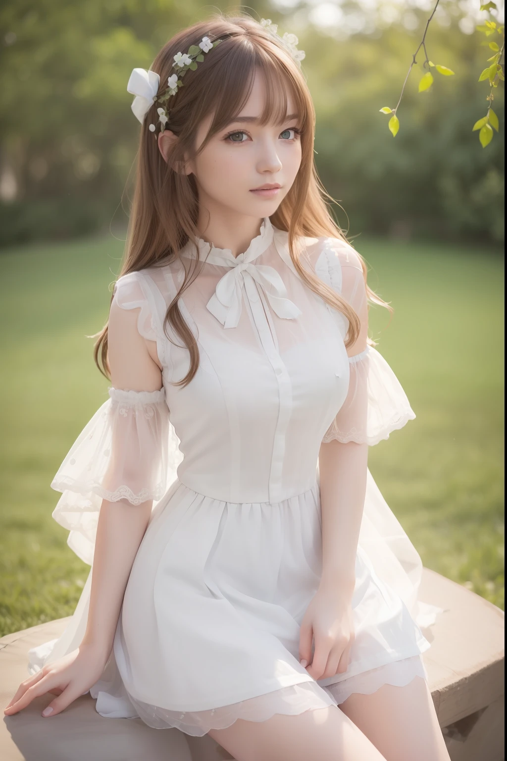 ((top quality, 8k, Masterpiece, photorealistic , 35mm lens, f/0.8, amazing cute perfect figure :1.4)), side lighting, ((flat chest :0.8)), (white Gothic :1.2),circlet on head, hair ribbon, (outside the castle background:1.2), Highly detailed face and skin texture:1.2, (Detailed green eyes:1.2), super detailed skin, double eyelid, shiny skin:1.2,Smiling, high-fidelity bangs, very brilliant light brown twin-tales hairstyle, sit, head tilt, looking at viewer,