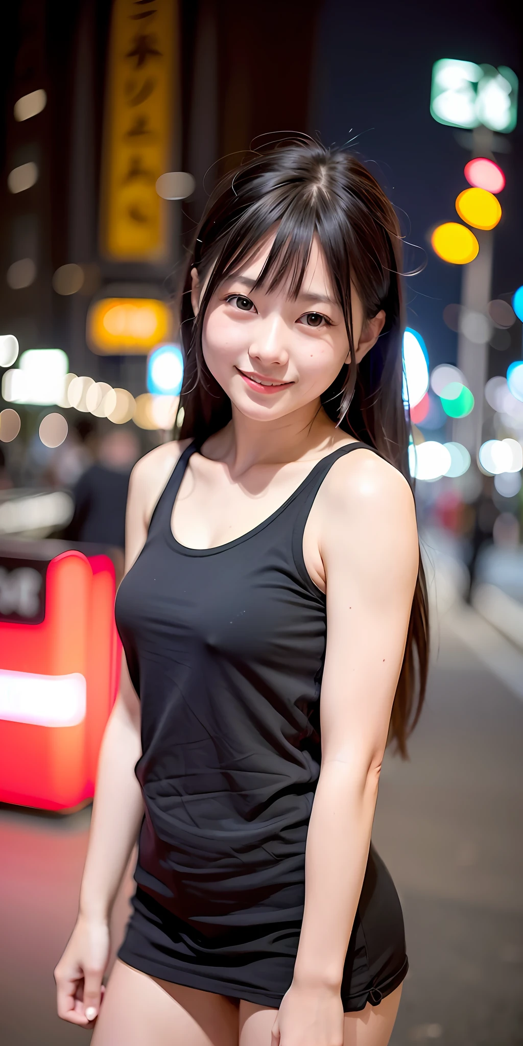 1girl, Tokyo street,night, cityscape,city lights,upper body,close-up,smile,, (8k, RAW photo, best quality, masterpiece:1.2),(realistic, photo-realistic:1.37),