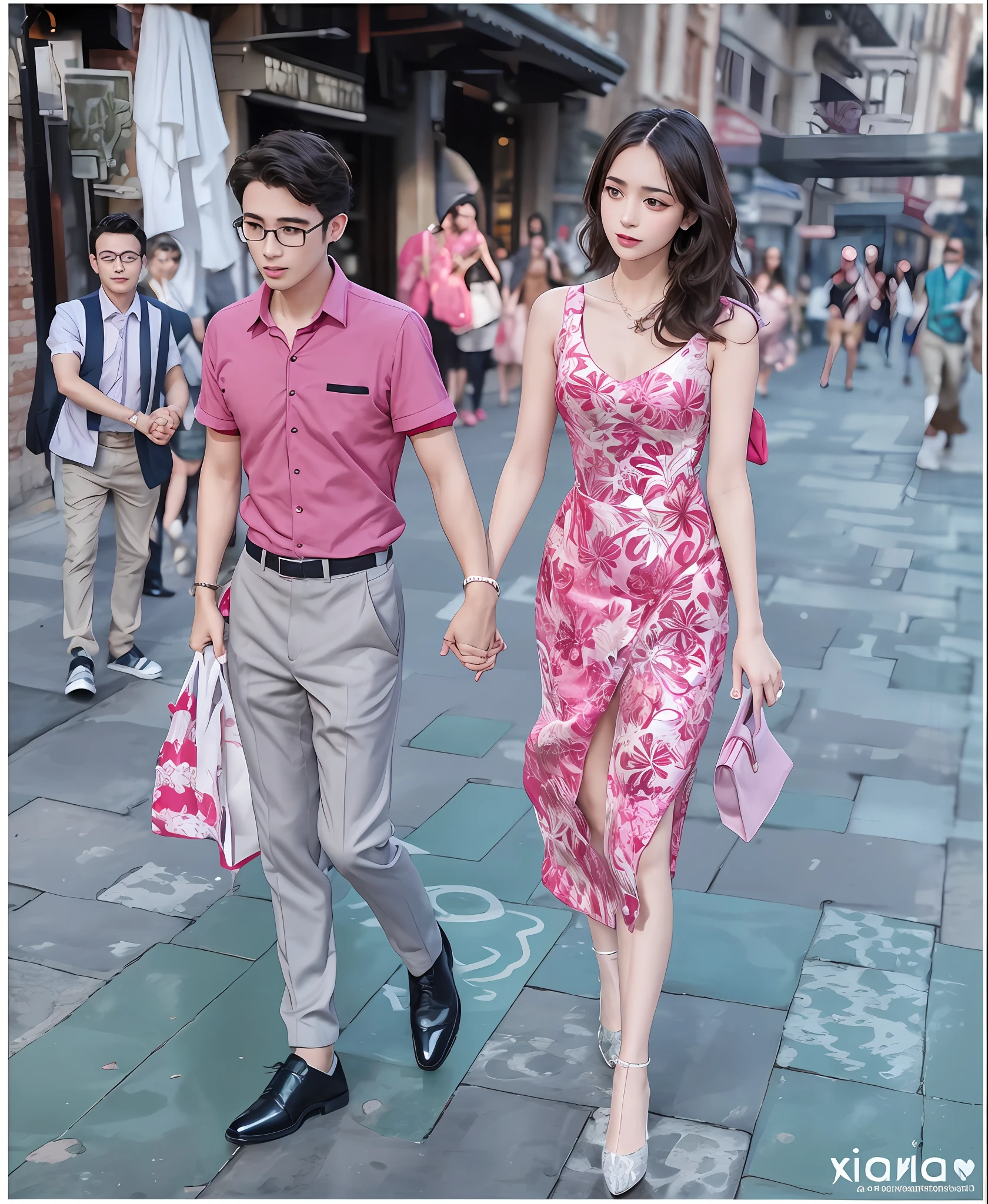 araffe couple walking down the street holding hands, lovely couple, dressed with fluent clothes, dressed with long fluent clothes, wearing a wonderful dress, they are in love, couple walking hand in hand, holding hands, 😭🤮 💔, holding hand, very attractive and beautiful, her hand is on her waist, well - dressed, wearing a magnificent dress