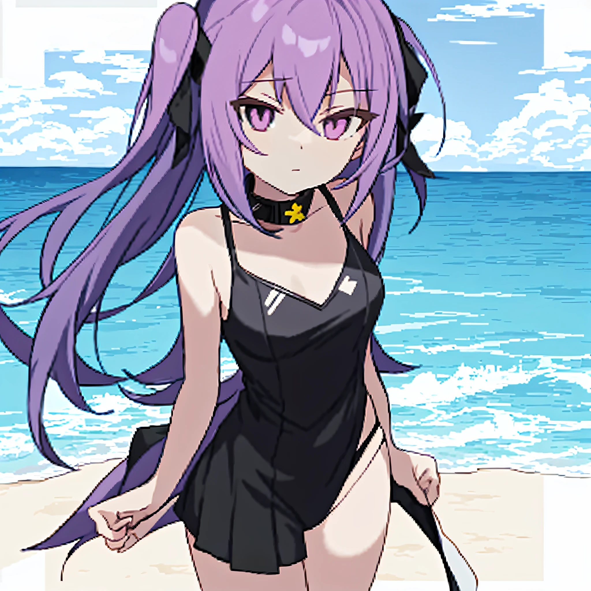 Anime girl, short lilac hair, gray pupils, swimsuit, introvert, background beach, plus moe jan dir, portrait plus moe dregrimdak, anime moe art style, plus moe dregrimdak, ayaka genshin shock, with anime painter studio, kajikado, lin, kusart krenc, kantai collection style, kusart kents production