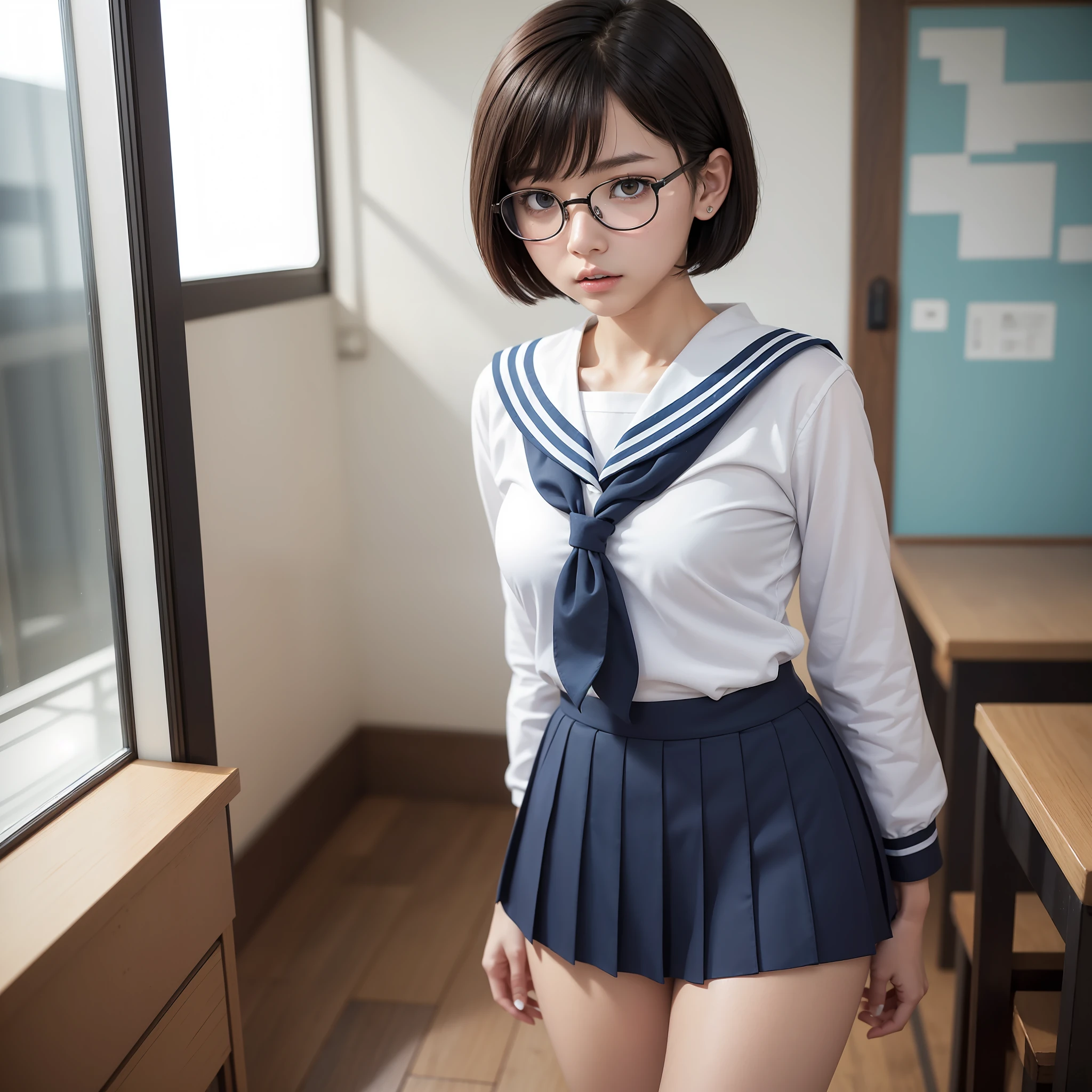 ((Half Eye)), ((Narrow Eyes)), (Solo)), (Small), 1 Girl,Full Body,Raw Photo, Candid, (Flat Breasts),Textured Skin, (Short Hair:1.2), Light Skin, Japan Persons, Glasses, Young, Tall, Dark Expression, Bright Black Eyes, Anger,Ears, Sailor Uniform,School Uniform,Blue and Light Blue Check Skirt ,Slender Body, Medium Build, Small Waist, wide thighs, photorealistic, best quality, 8K, masterpiece