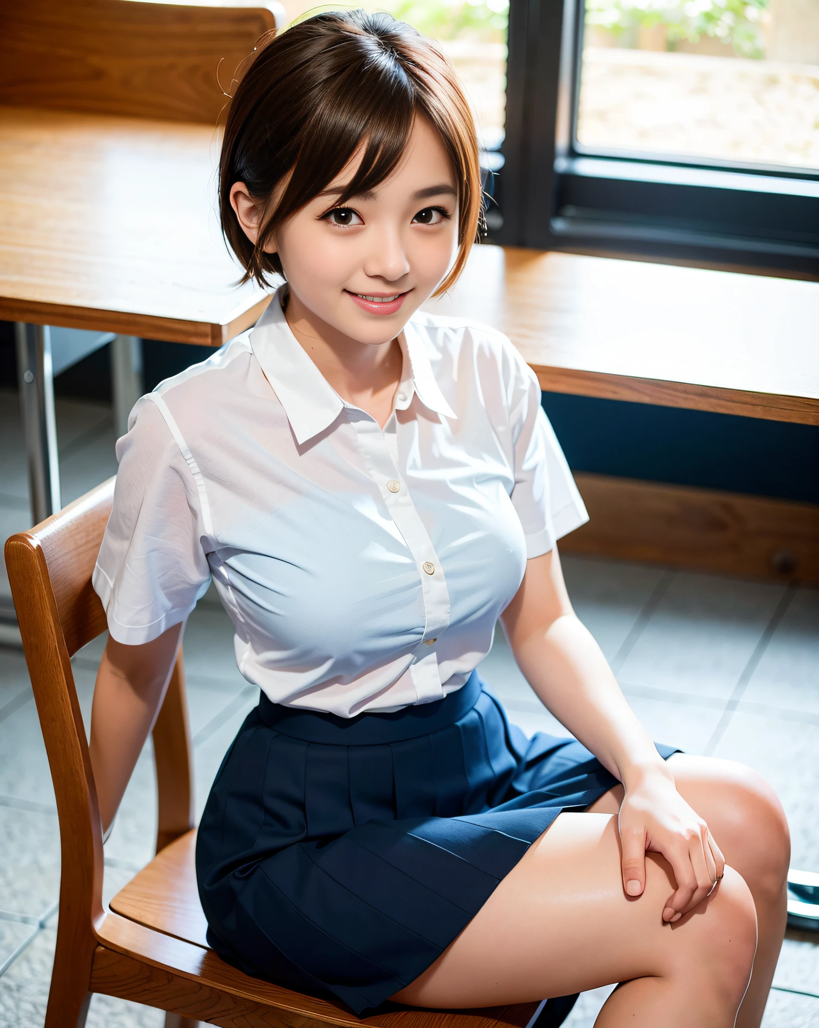 best quality, face focus, soft light, (depth of field) ,ultra high res, (photorealistic:1.4), RAW photo,(upper waist:1.4) ,
1japanese girl, solo, cute, (shy, smile:1.1), (brown eyes),  detailed beautiful face, (short hair ), 
High School Classroom, (sit chair),
(school uniform:1.4,navy skirt,navy Blazer)