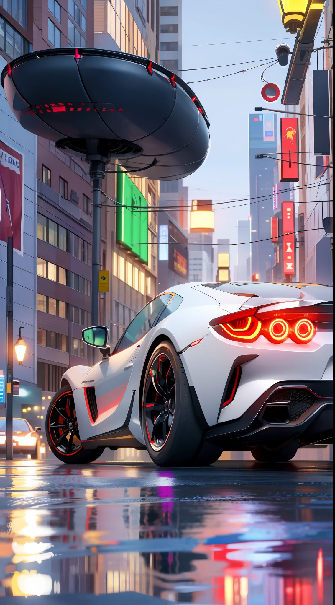 Speeding cars, reflective in the sun, technological, futuristic, walking through the city, cyberpunk, fluttering flags, exquisite sports cars