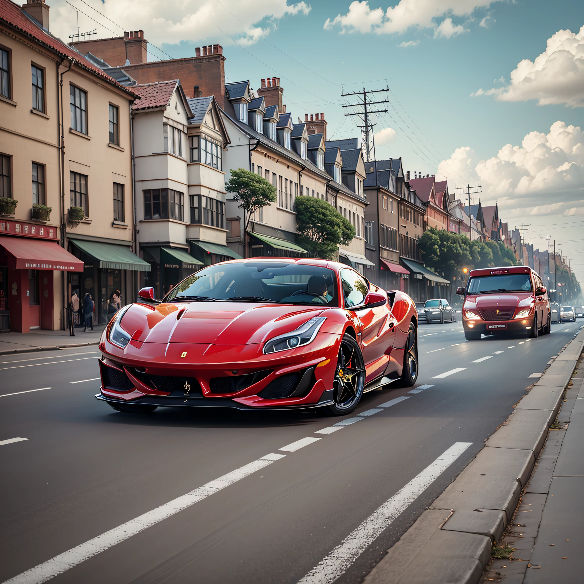 Hello, create a red ferrari car on high road, overtaking truck with closed load. --auto --s2