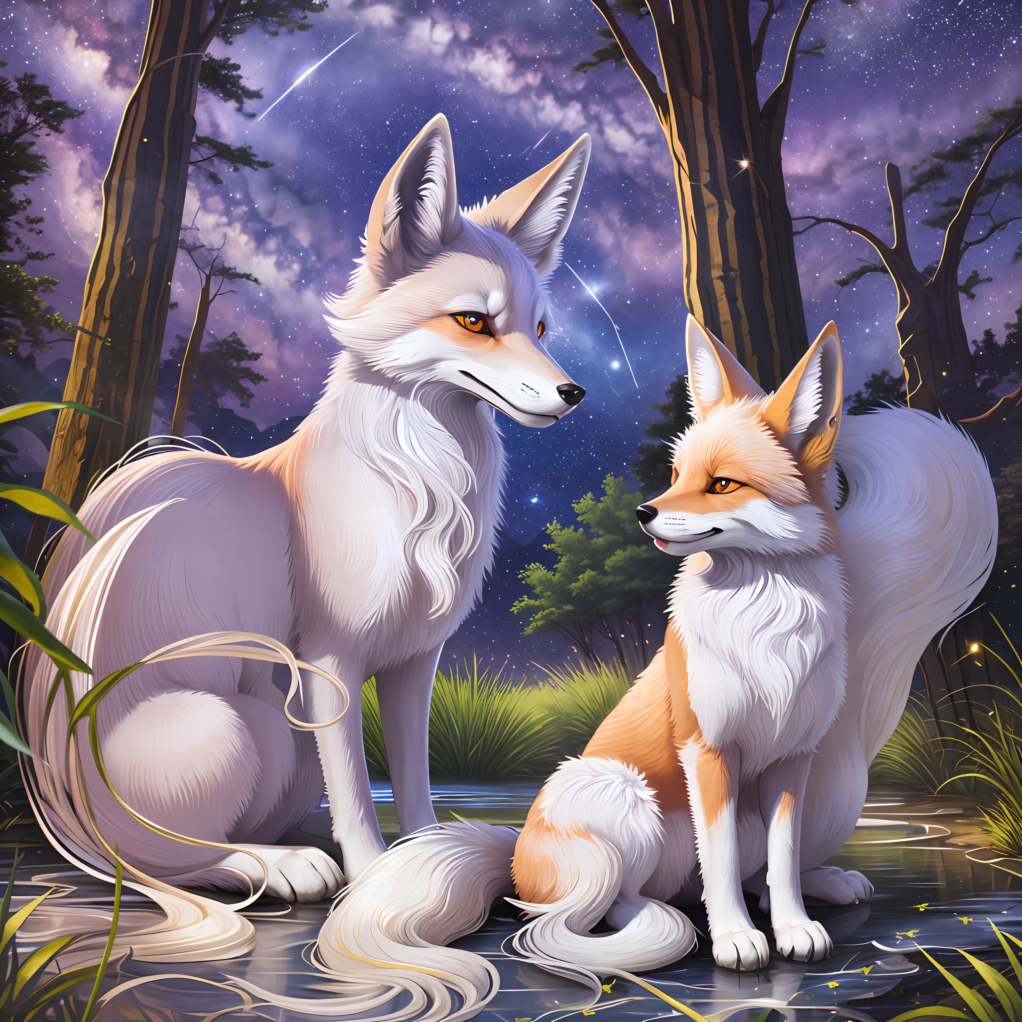 Silvery-white, fox, nine tails, shooting stars, rivers --auto --s2