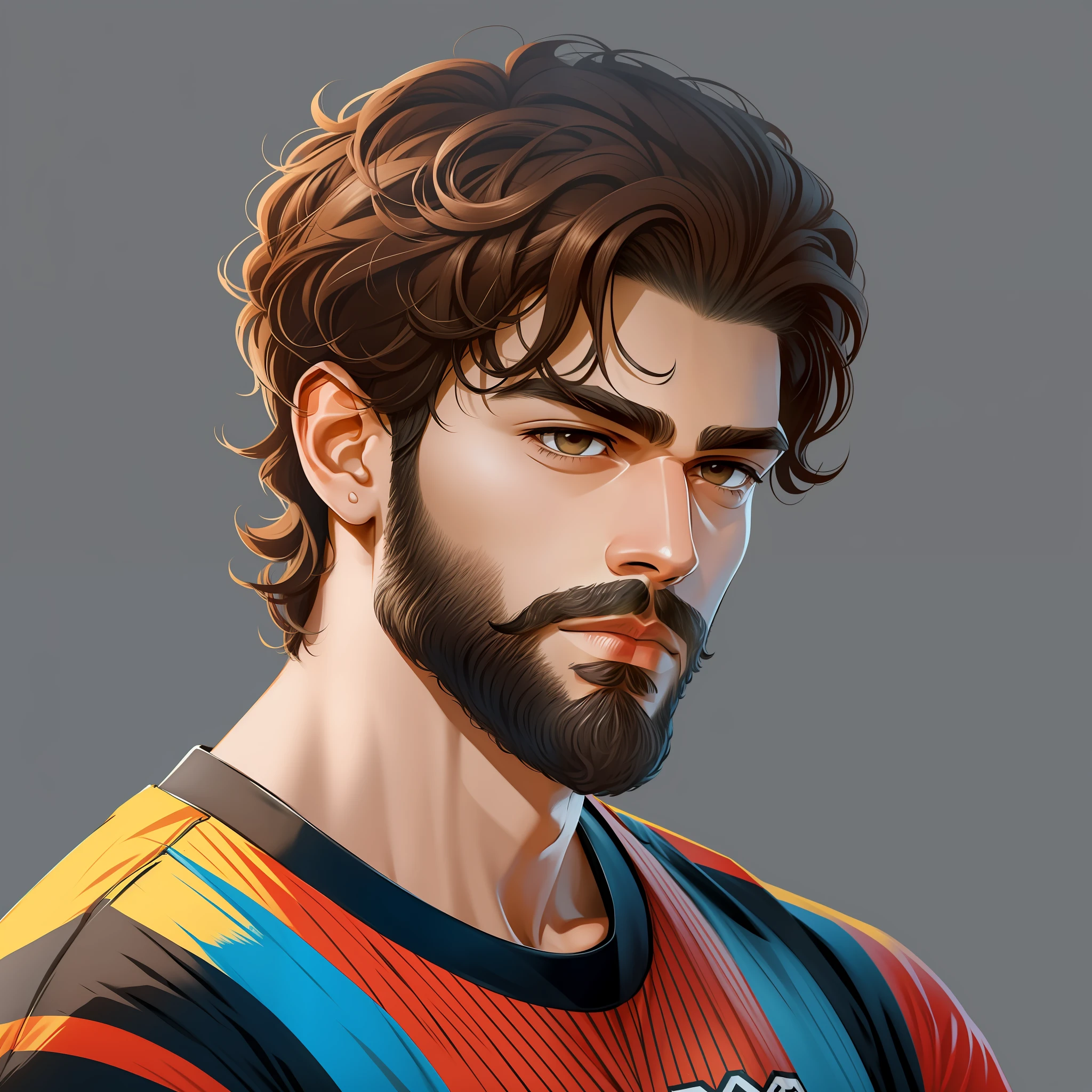 Creates a cartoon style illustration of a person with short brown hair with degrade thrown to the side, beard and short mustache, brown eyes, with Flamengo shirt --auto --s2