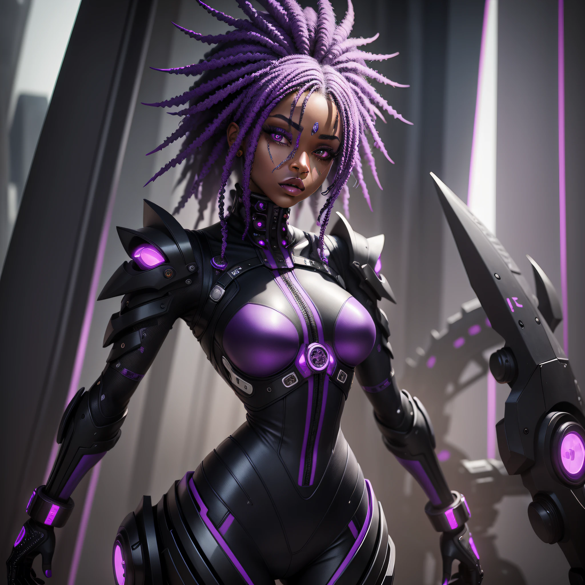 (detailed description) (high quality) black woman with purple hair cybernetic gothic