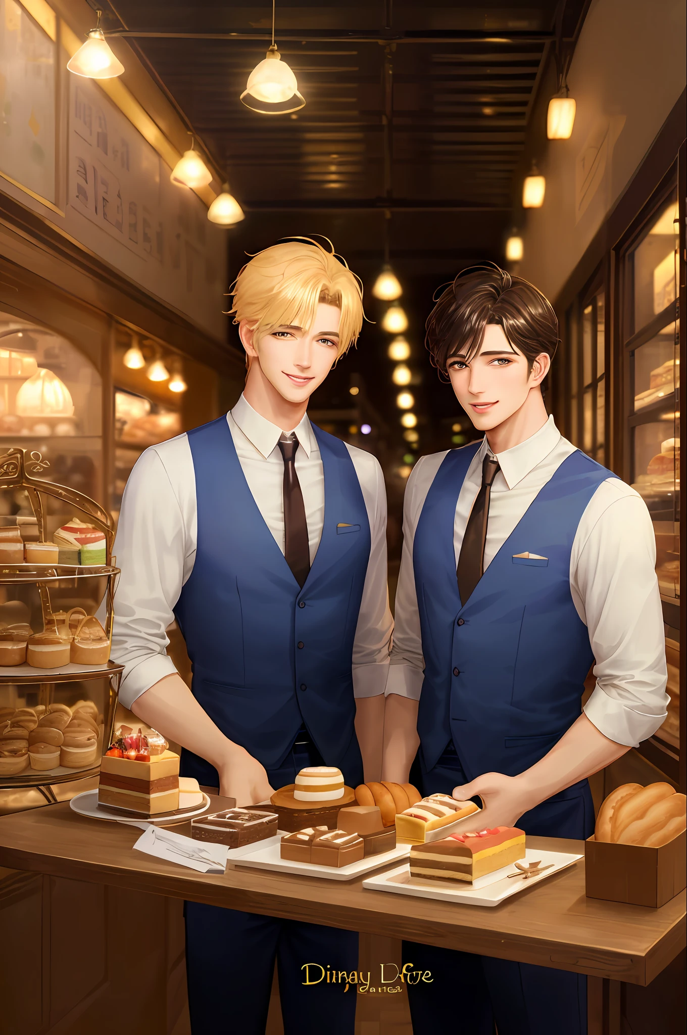 masterpiece, best quality, dreamy bakery background ( cafe background, dim fairy lights, cake and bread baskests), (( Two handsome boys, two males)), cinematic lightning, realistic 1.4, golden ratio, warm tone setting, beautiful males,( korean idol face) devilish smile, potrait,