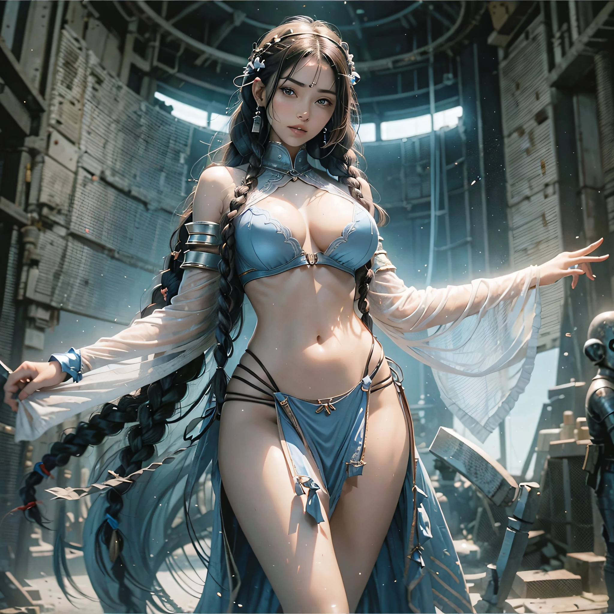 "Dark full-body warrior, with white weapon in hand, very thin waist, armor covering very little breasts, belly sample, long dark hair with braids, deep and mesmerizing eyes in blue color, attractive and large breasts, unique aura, hip with sexy lingerie, no accessory over the waist, dental floss, showing the whole body, up to the feet and red clothes" --auto --s2