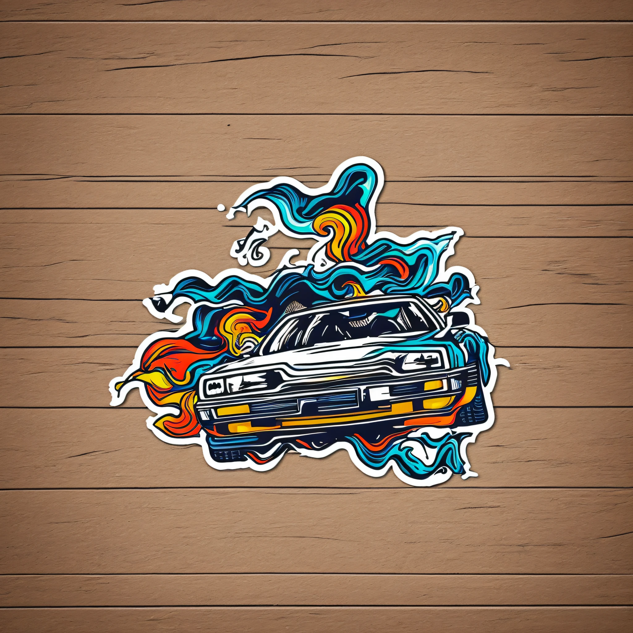 De Lorean surrounded by colored lightning bolts sticker design