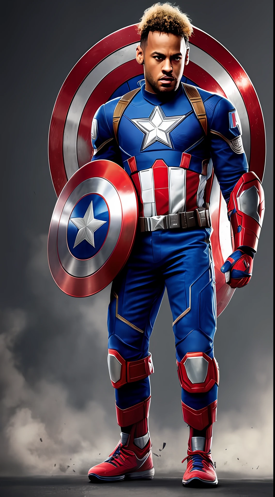 Ultra realistic photo of Neymar Jr with the appearance of a Captain America, full body, with shield wielded, with soft lighting and delicate details, cinematic capture in 16K to suit the trend of Octane and Artstation. --auto --s2