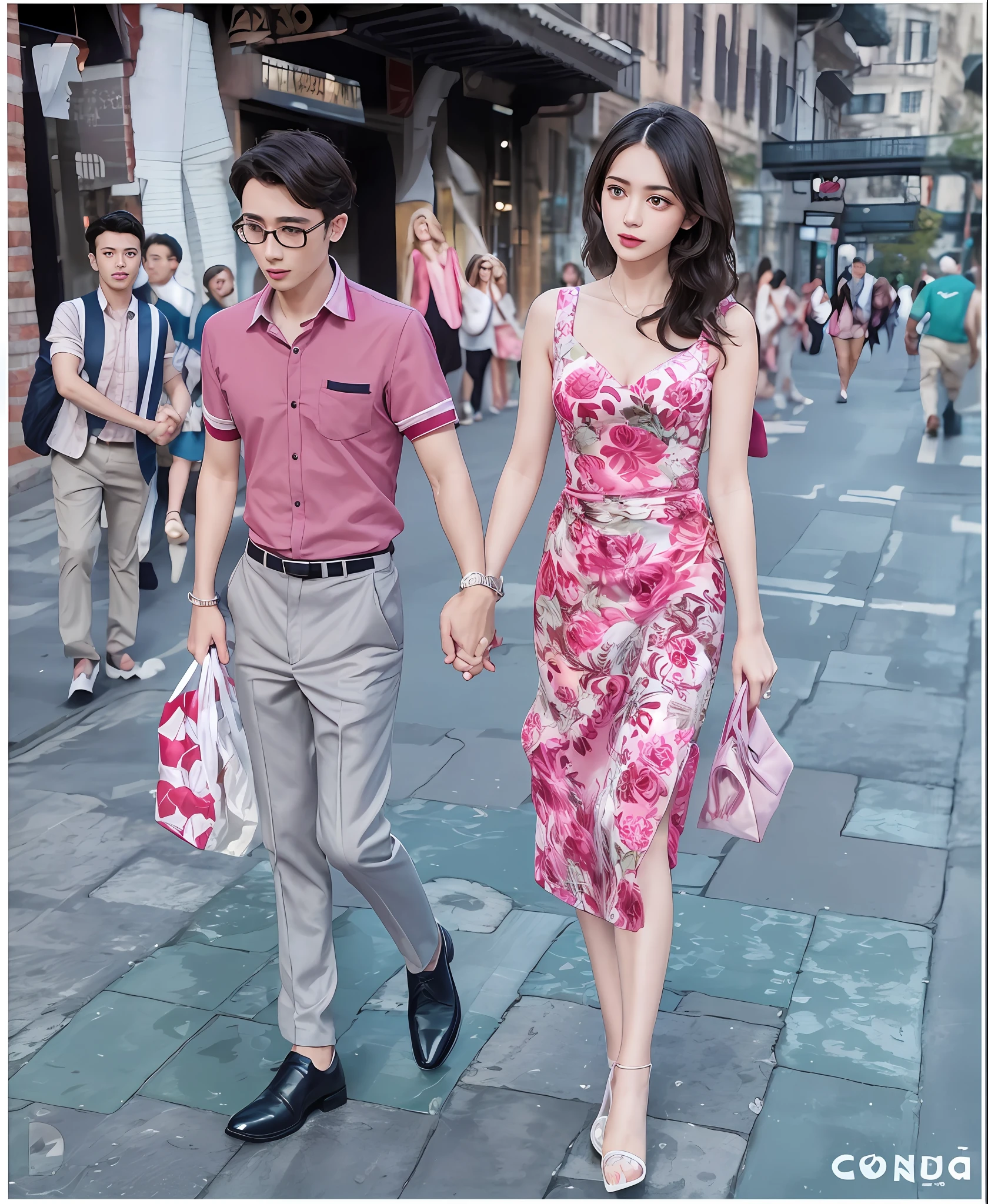 araffe couple walking down the street holding hands, lovely couple, dressed with fluent clothes, dressed with long fluent clothes, wearing a wonderful dress, they are in love, couple walking hand in hand, holding hands, 😭🤮 💔, holding hand, very attractive and beautiful, her hand is on her waist, well - dressed, wearing a magnificent dress