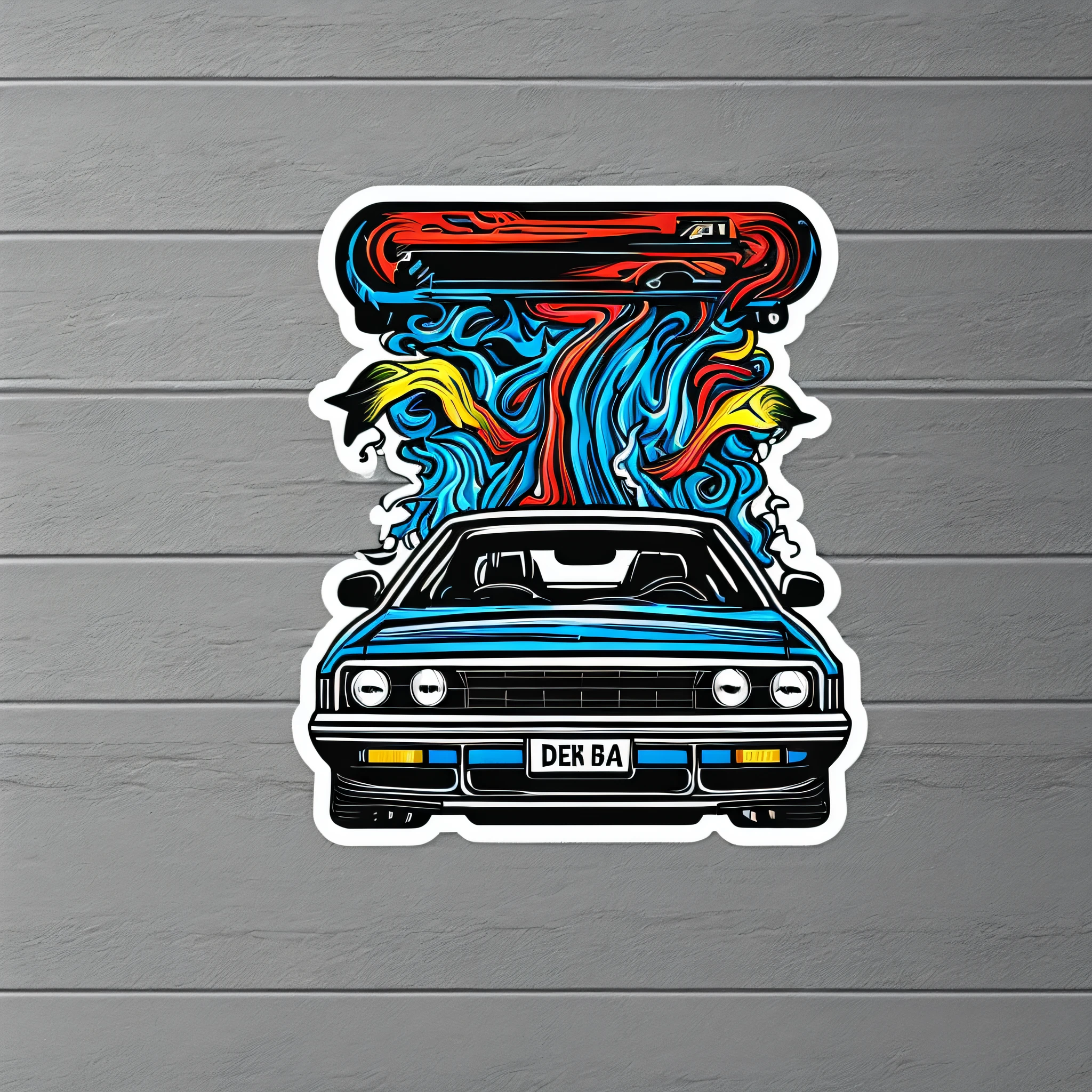 De Lorean surrounded by colored lightning bolts sticker design